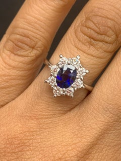 1.55 Carat Oval Cut Blue Sapphire and Diamond Ring in 14k White Gold