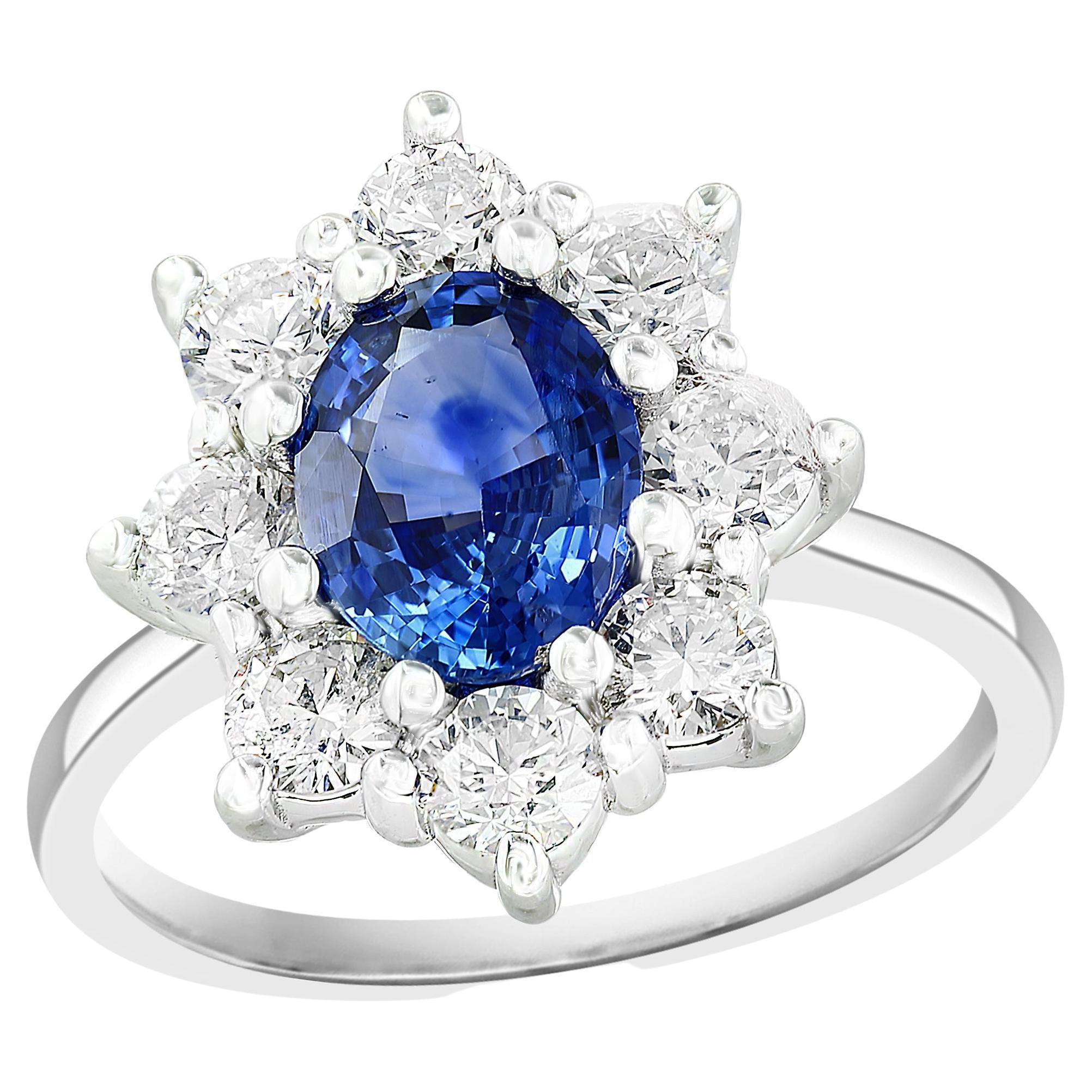 1.55 Carat Oval Cut Blue Sapphire and Diamond Ring in 14k White Gold