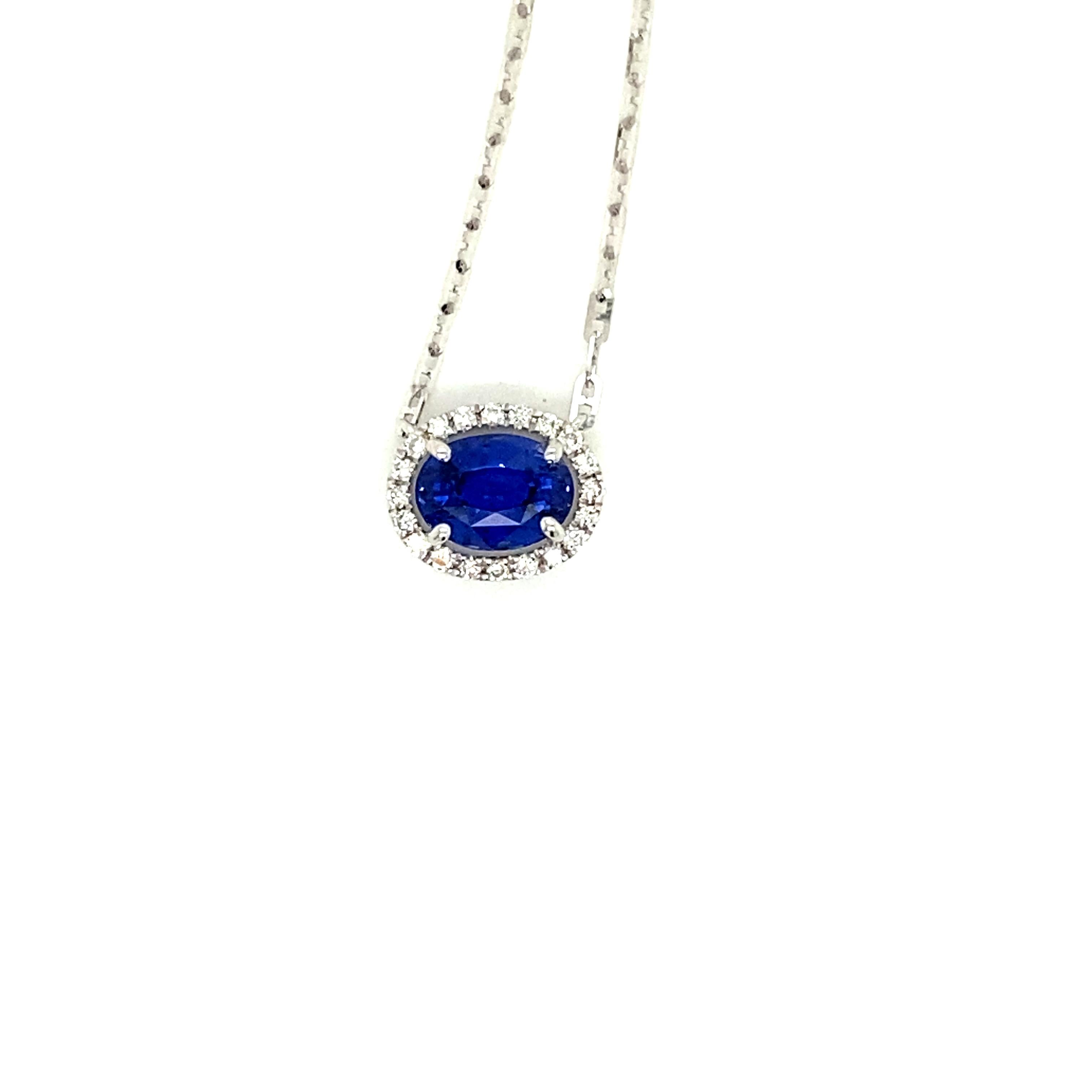 1.55 Carat Oval-Cut Vivid Blue Sapphire and White Diamond Pendant Necklace:

A beautiful pendant necklace, it features a 1.55 carat oval-cut vivid blue sapphire in the centre surrounded by a halo of white round-brilliant cut diamonds weighing 0.11