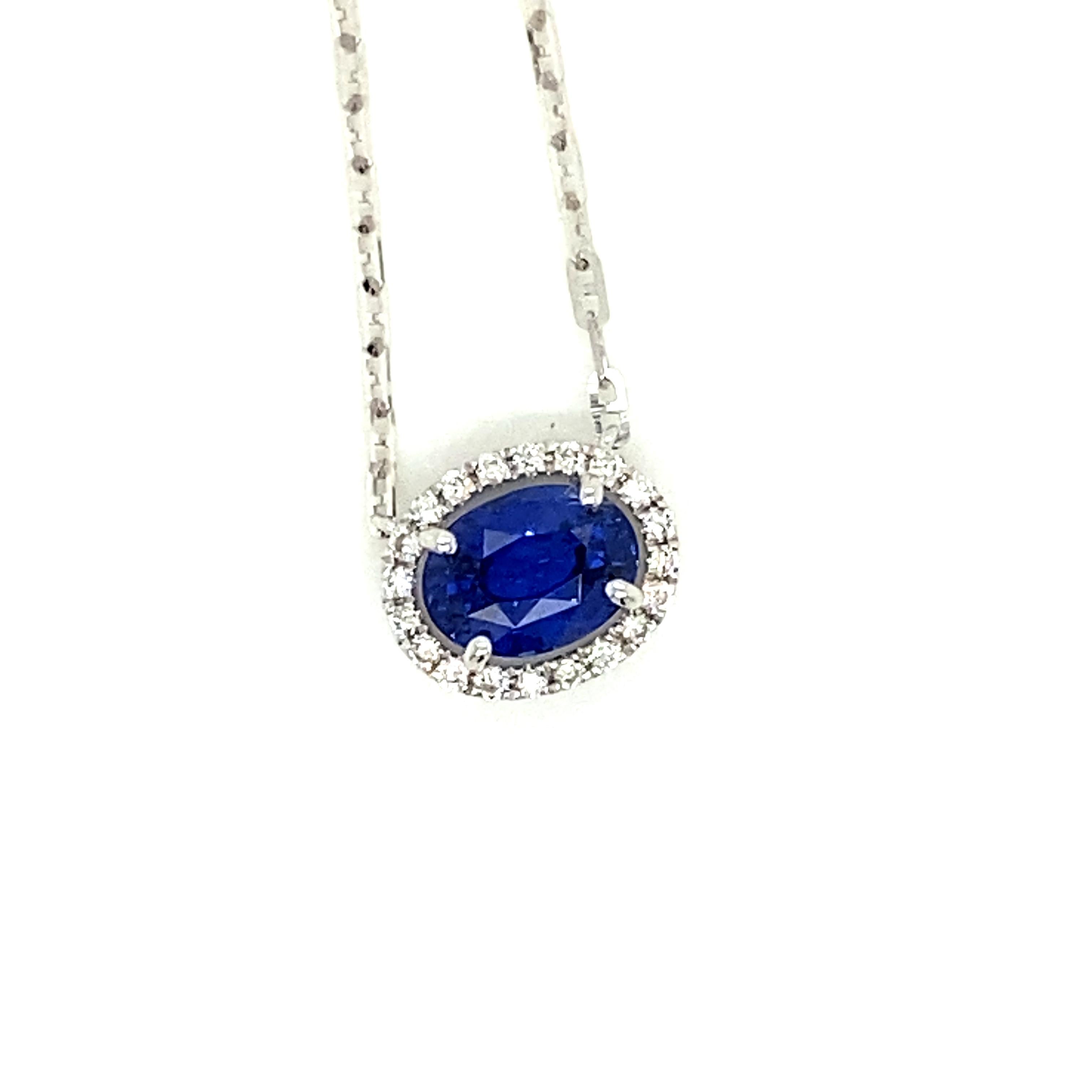 Contemporary 1.55 Carat Oval-Cut Vivid Blue Sapphire and White Diamond Pendant Necklace For Sale