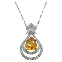 1.55 Carat Pear Cut Yellow Sapphire Diamond Necklace Pendant in 18k White Gold