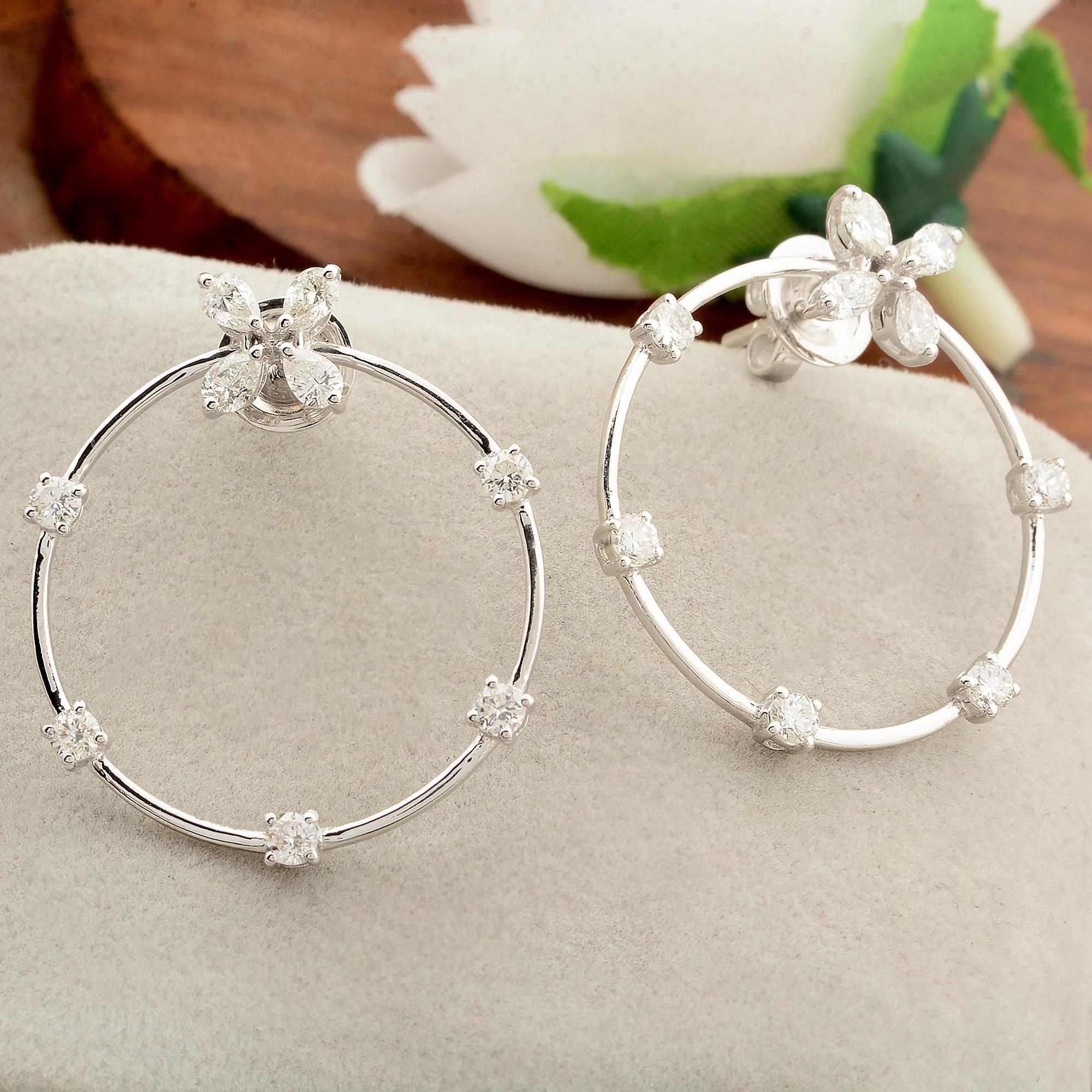Modern 1.55 Carat Pear Diamond Circle Stud Earrings Solid 18k White Gold Fine Jewelry For Sale