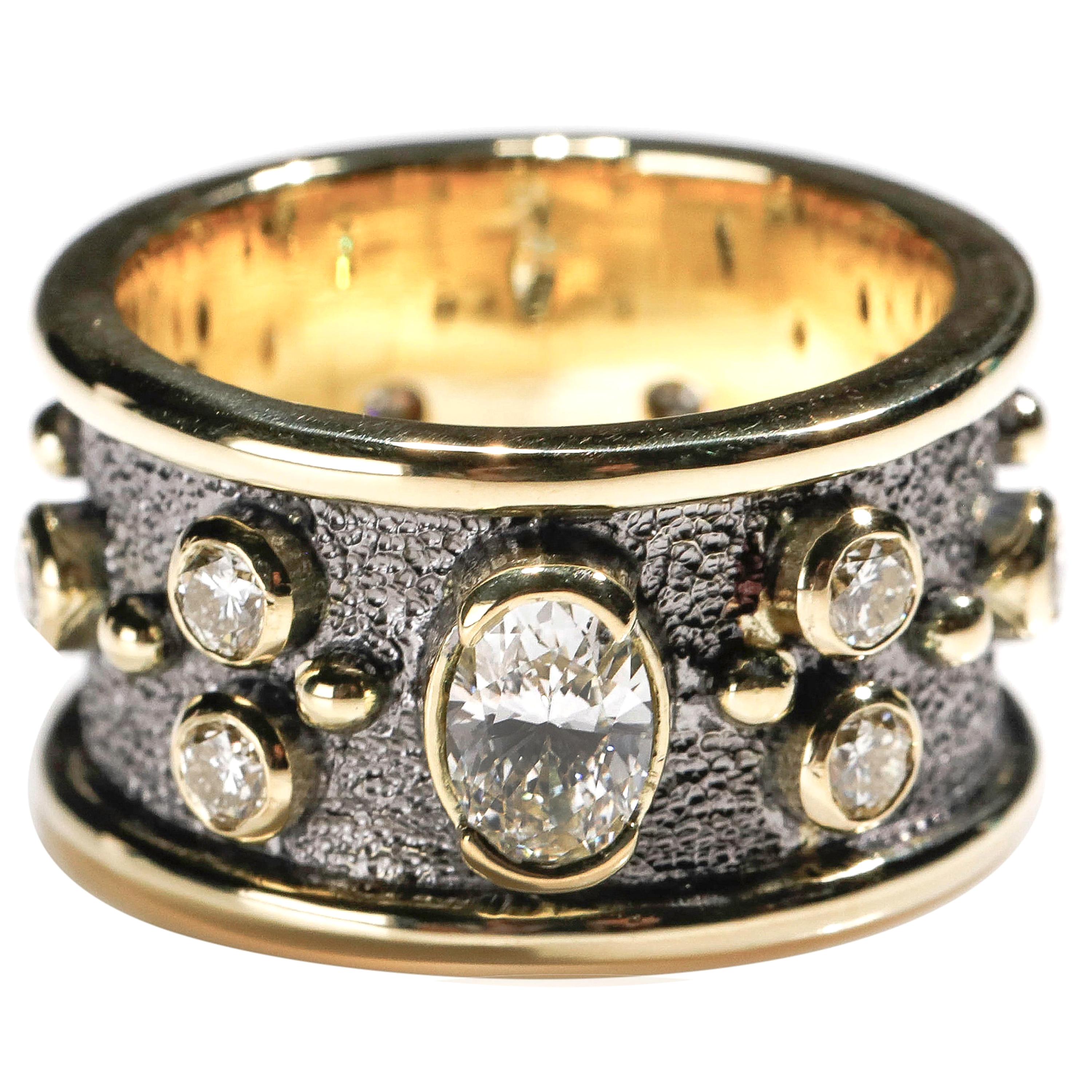 Bague à anneau en or jaune 18 carats avec diamants ronds et ovales 1,55 carat, taille US 9 en vente