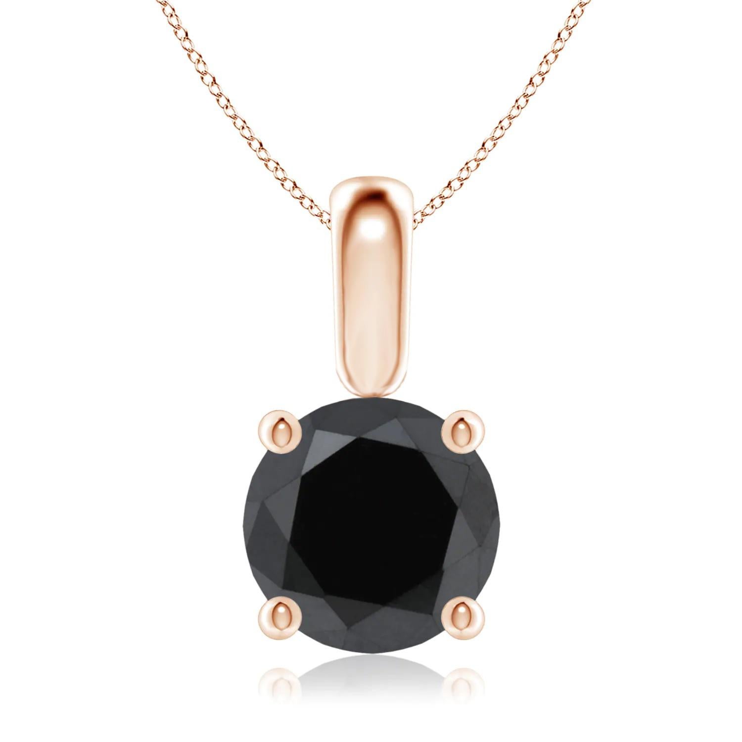 Contemporary 1.55 Carat Round Black Diamond Solitaire Pendant Necklace in 14K Rose Gold