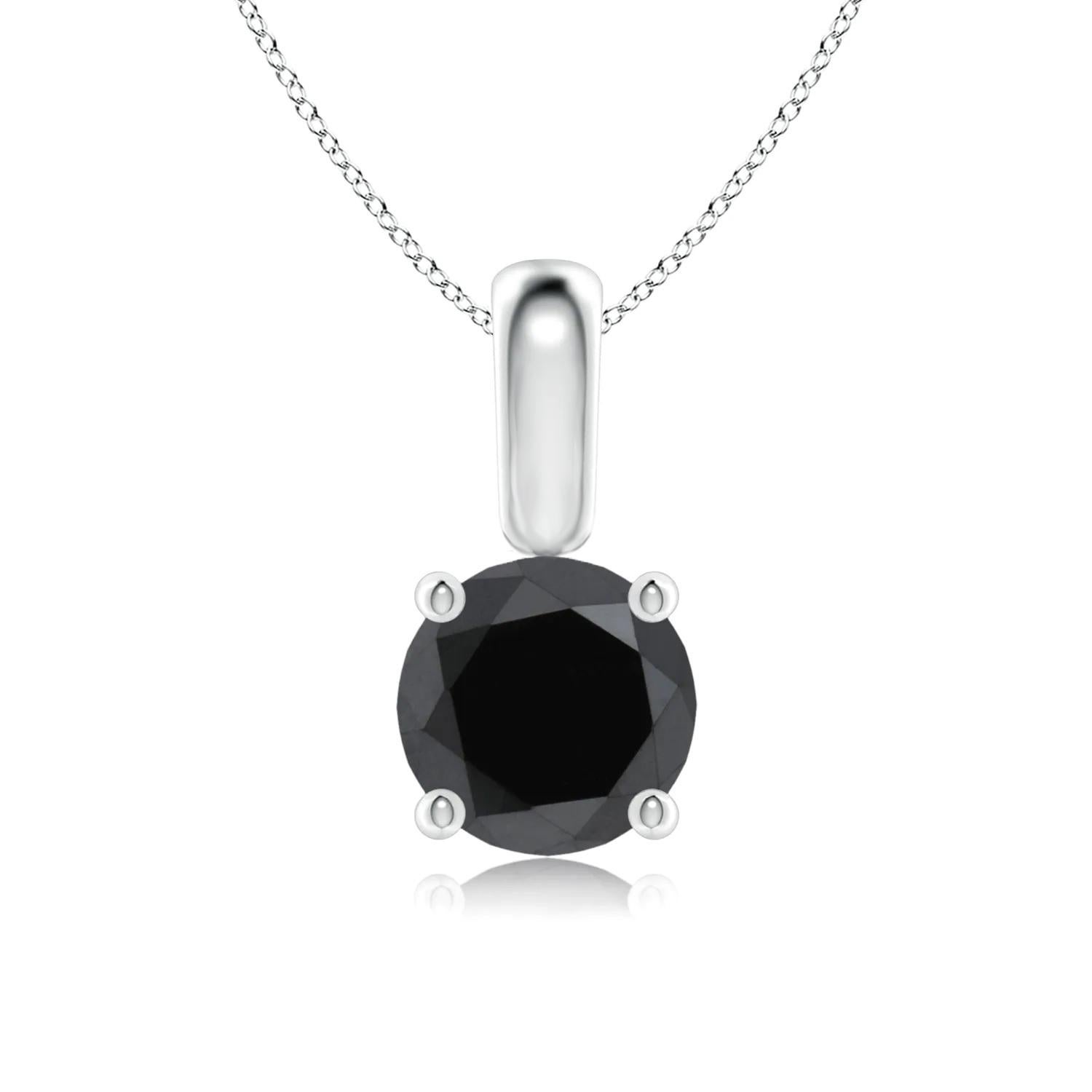 Contemporary 1.55 Carat Round Black Diamond Solitaire Pendant Necklace in 14K White Gold