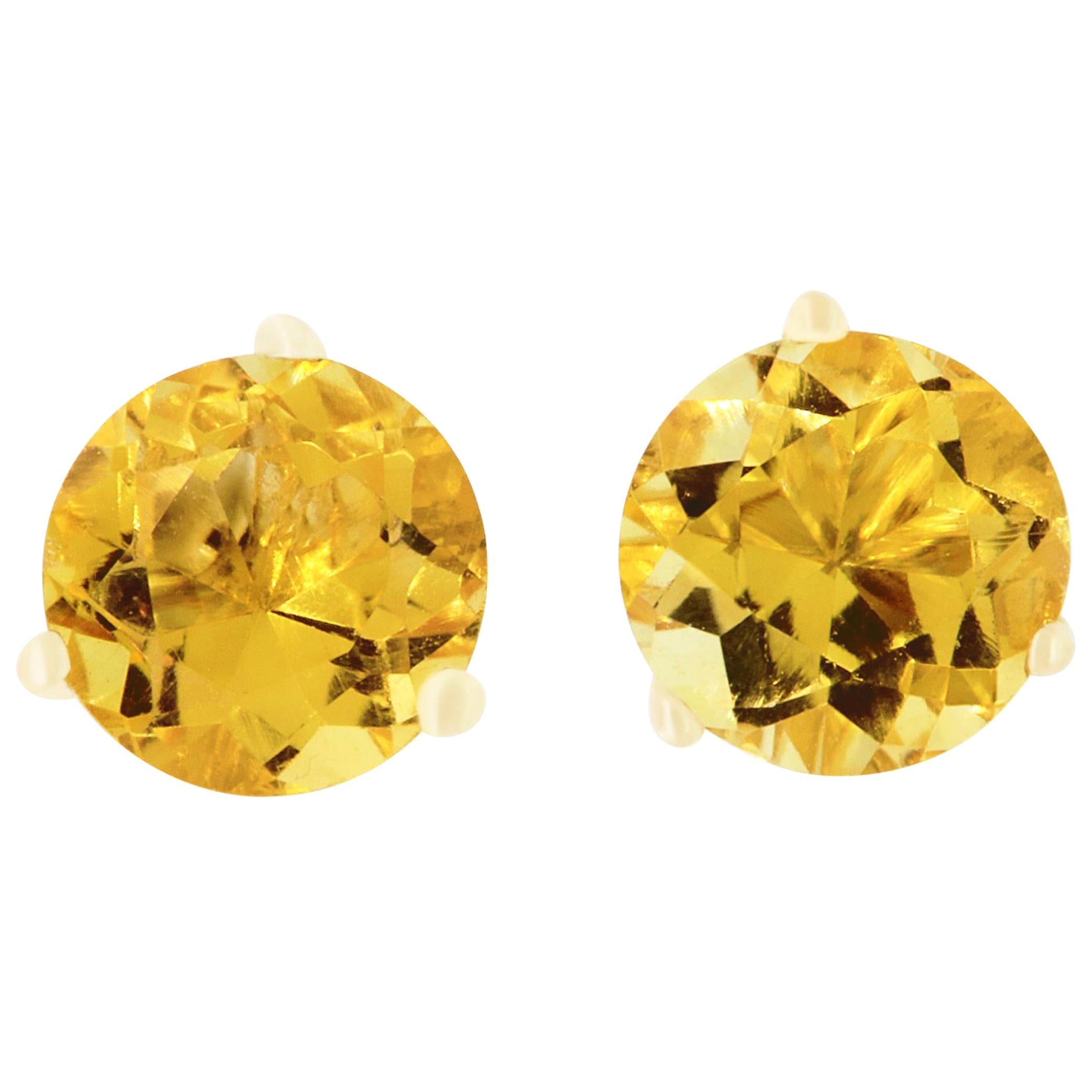 1.55 Carat Round Yellow Citrine Stud Earrings