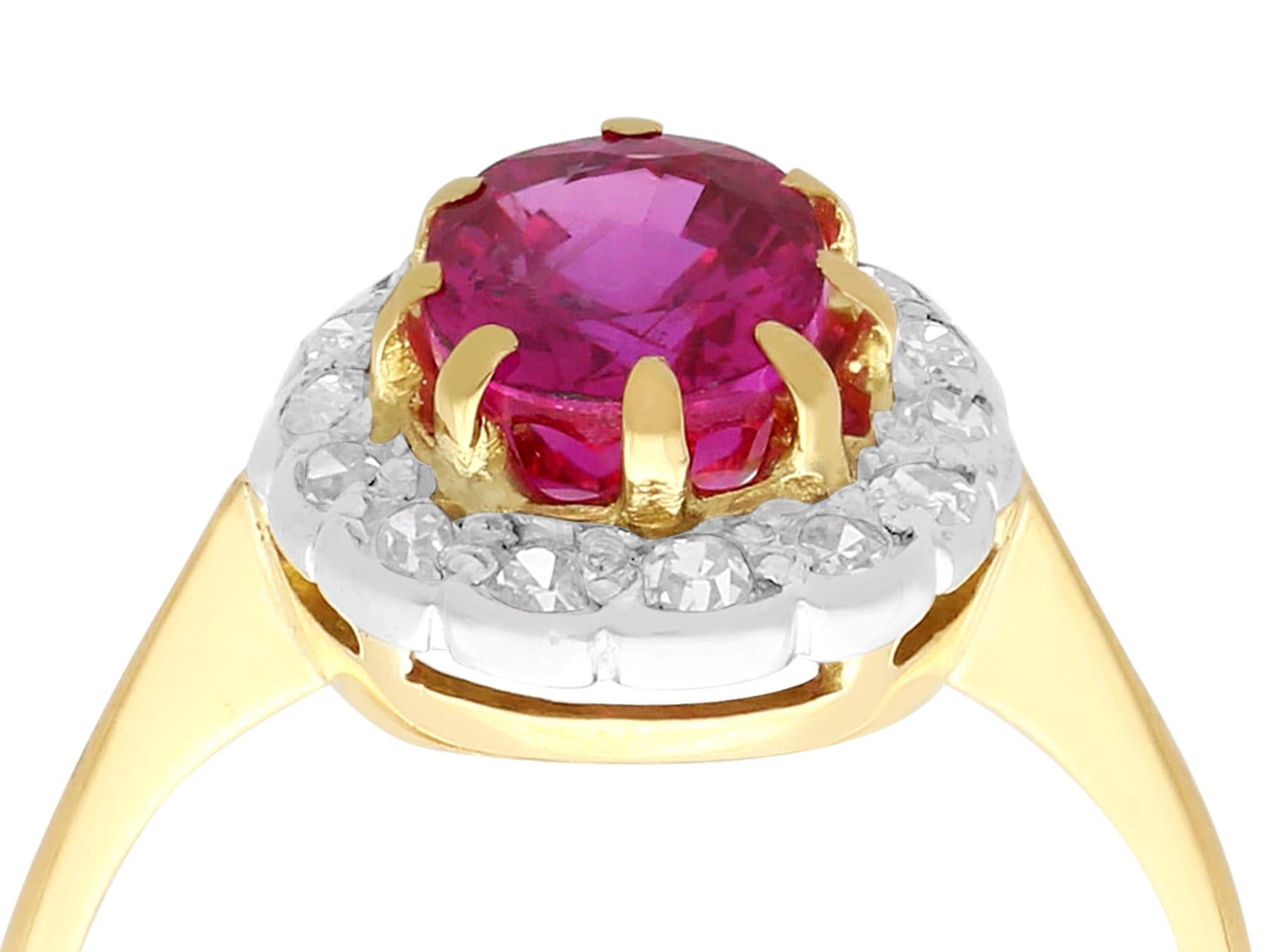 A fine and impressive vintage 1.55 carat natural ruby and 0.33 carat diamond, 18 karat yellow gold, 18 karat white gold set cocktail ring; part of our vintage jewelry and estate jewelry collections.

This impressive vintage ruby cluster ring has