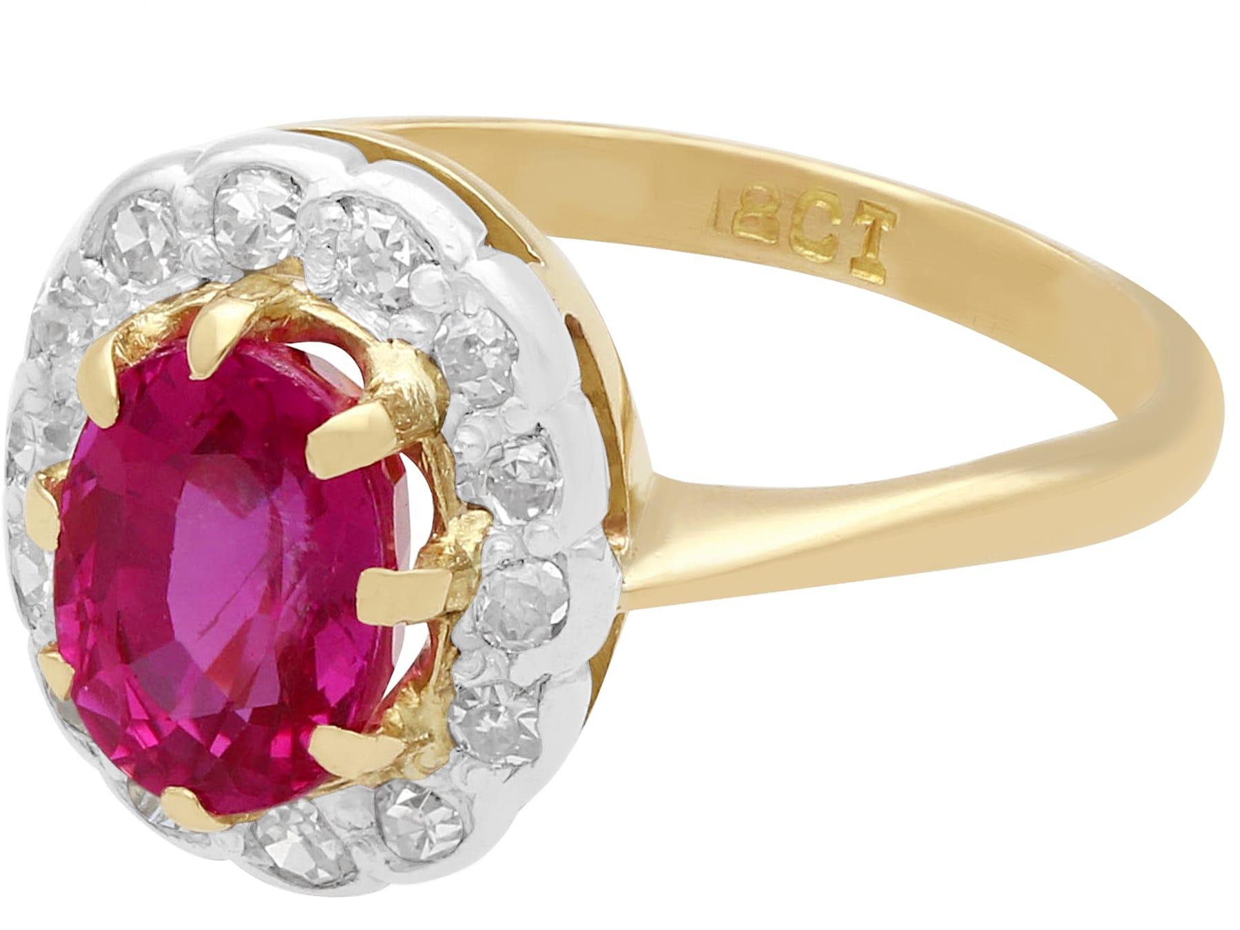 Oval Cut 1.55 Carat Ruby and Diamond Yellow Gold Cluster Engagement Ring For Sale