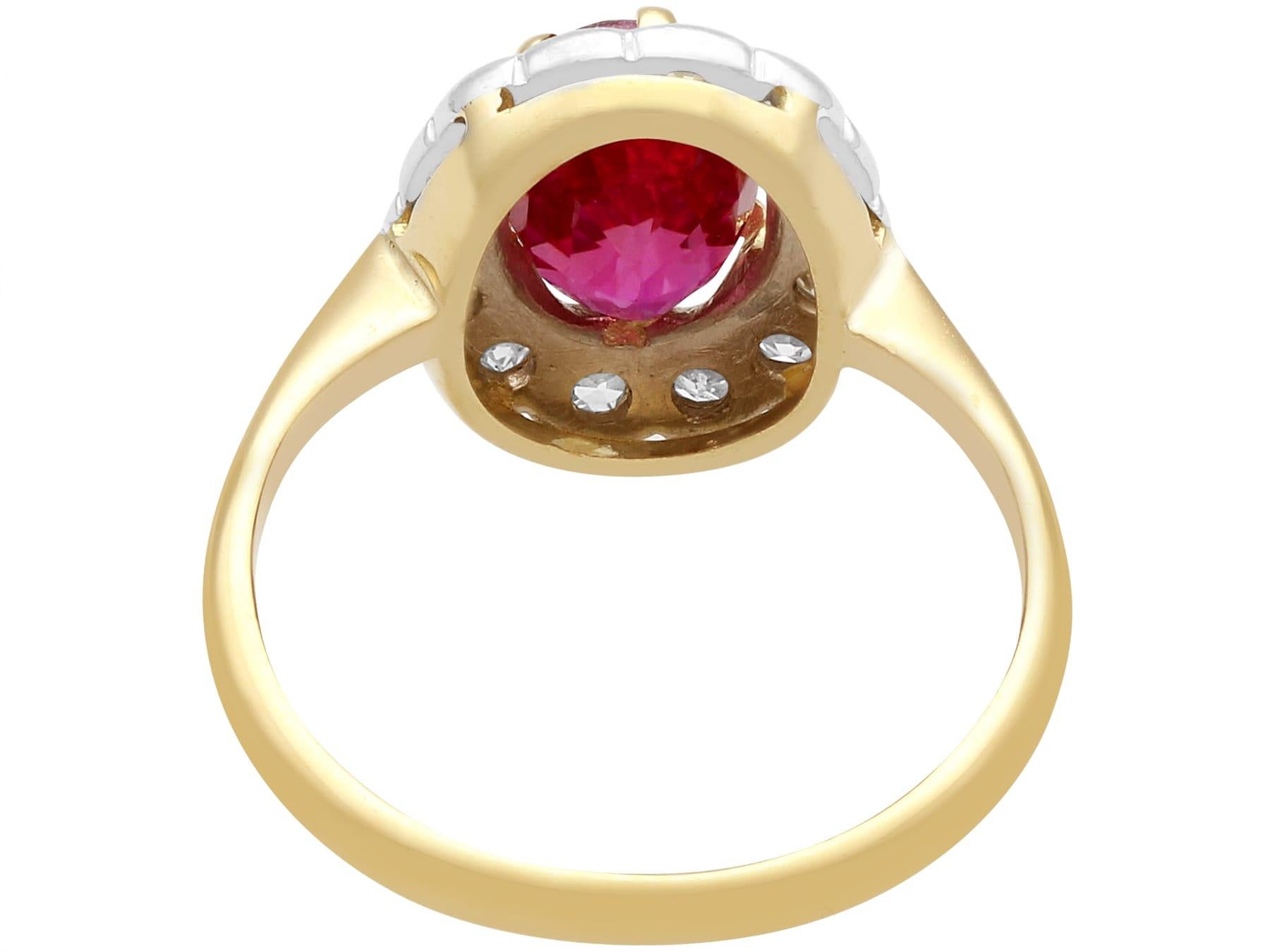 1.55 Carat Ruby and Diamond Yellow Gold Cluster Engagement Ring In Excellent Condition For Sale In Jesmond, Newcastle Upon Tyne