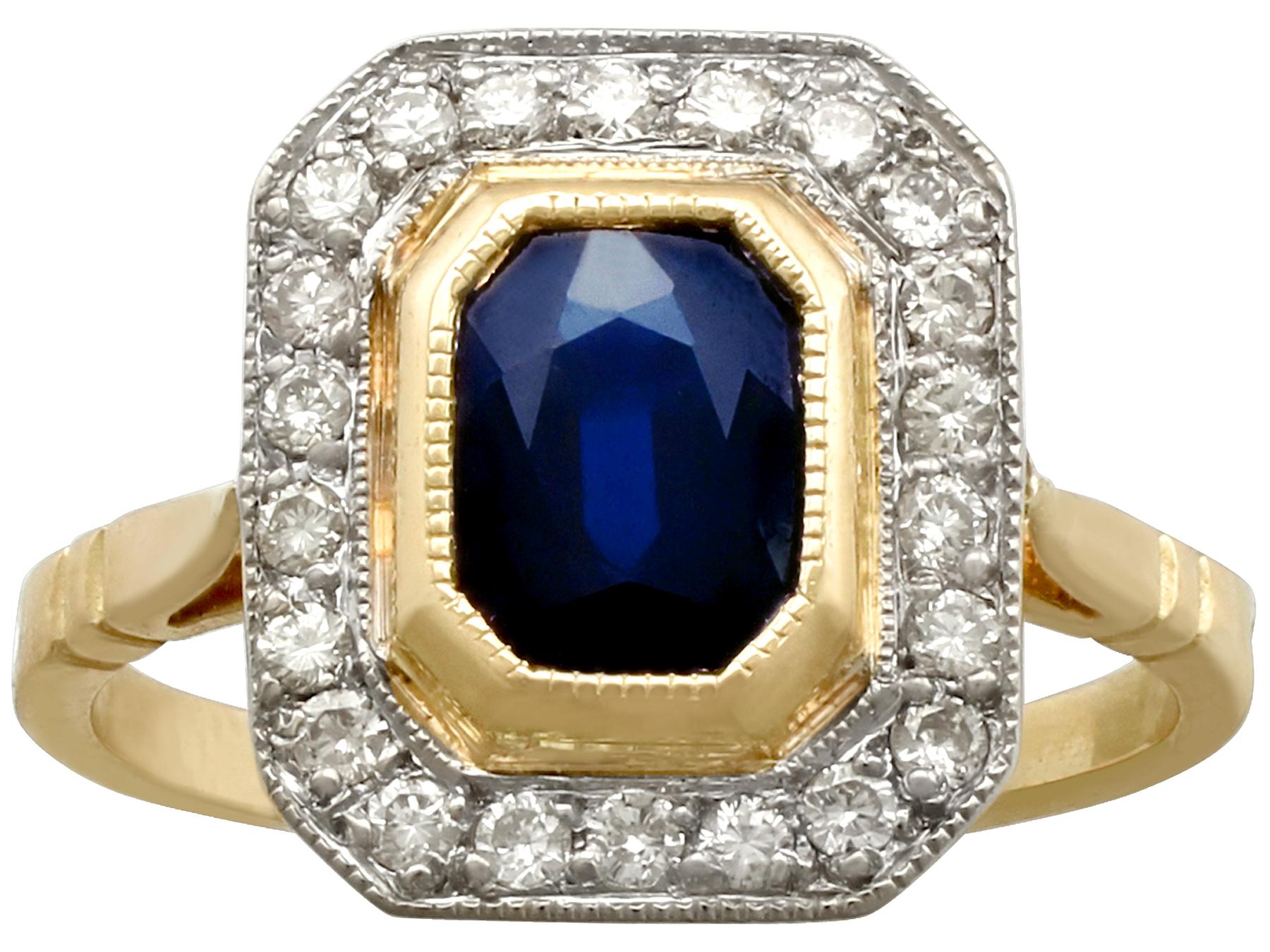 A fine and impressive vintage French 1.55 carat natural blue sapphire and 0.72 carat diamond, 18 karat yellow gold cluster ring; part of our vintage jewelry and estate jewelry collections

This fine and impressive vintage sapphire and diamond