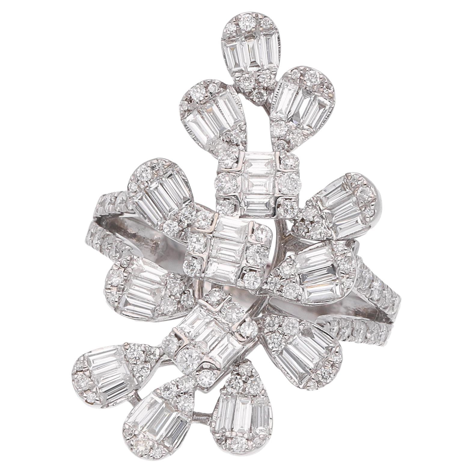For Sale:  1.55 Carat SI/HI Diamond Leaf Design Ring 18 Karat White Gold Handmade Jewelry