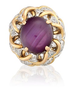 15.5 Carat Star Ruby Cabochon on Bombé Gold and Diamond Ring