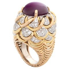 15.5 Carat Star Ruby Cabochon on Bombé Gold and Diamond Ring