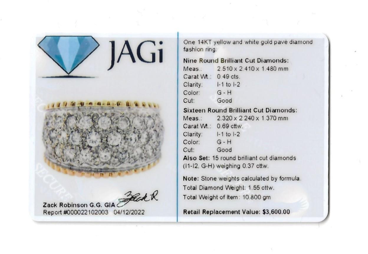 1.55 Carat Total Multi-Row Pave Diamond Wide Band Ring in Two Tone 14 Karat Gold For Sale 6