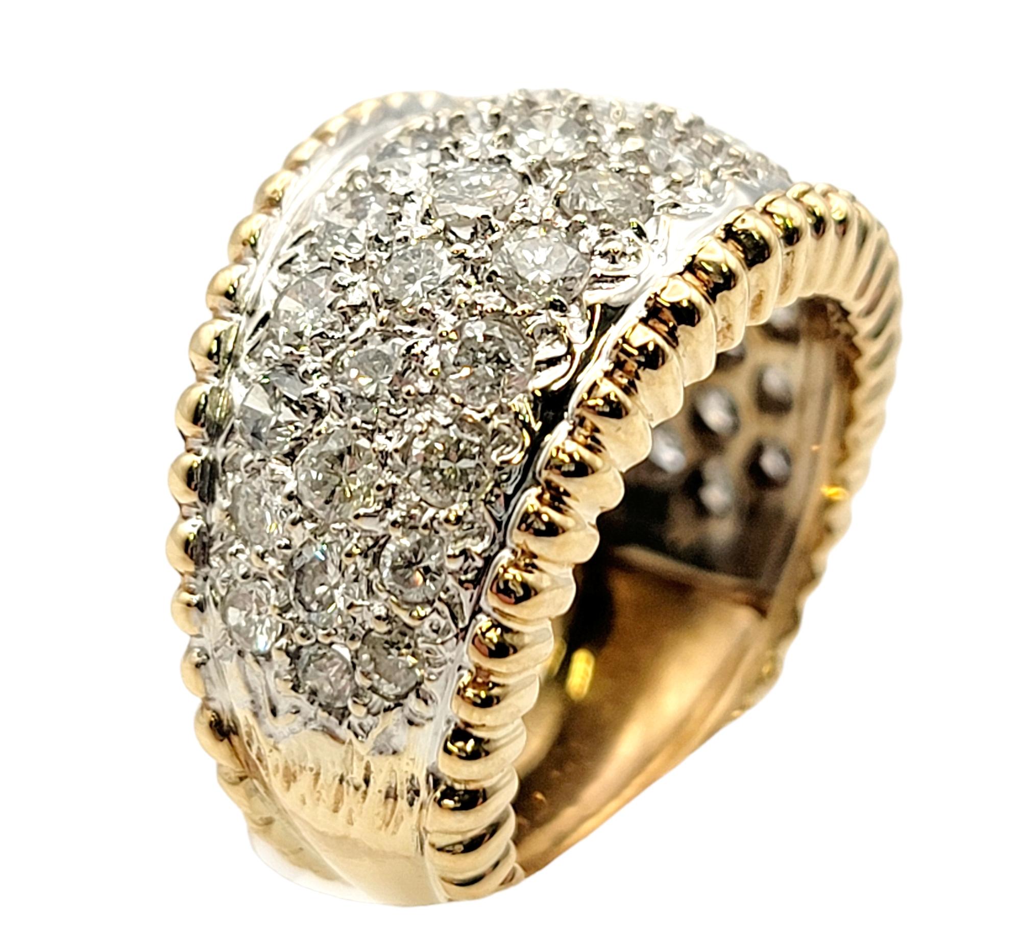 Contemporary 1.55 Carat Total Multi-Row Pave Diamond Wide Band Ring in Two Tone 14 Karat Gold For Sale