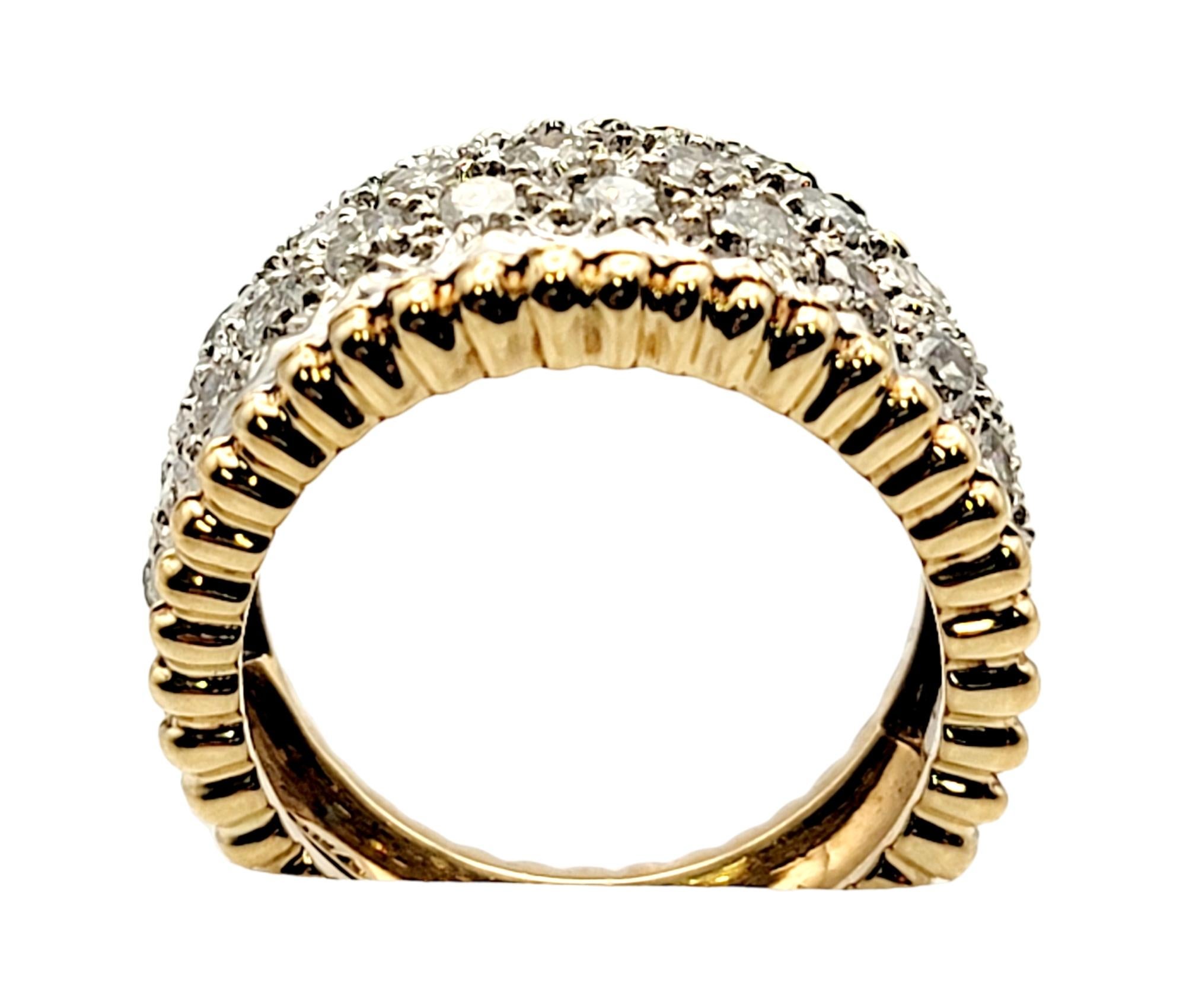 Round Cut 1.55 Carat Total Multi-Row Pave Diamond Wide Band Ring in Two Tone 14 Karat Gold For Sale