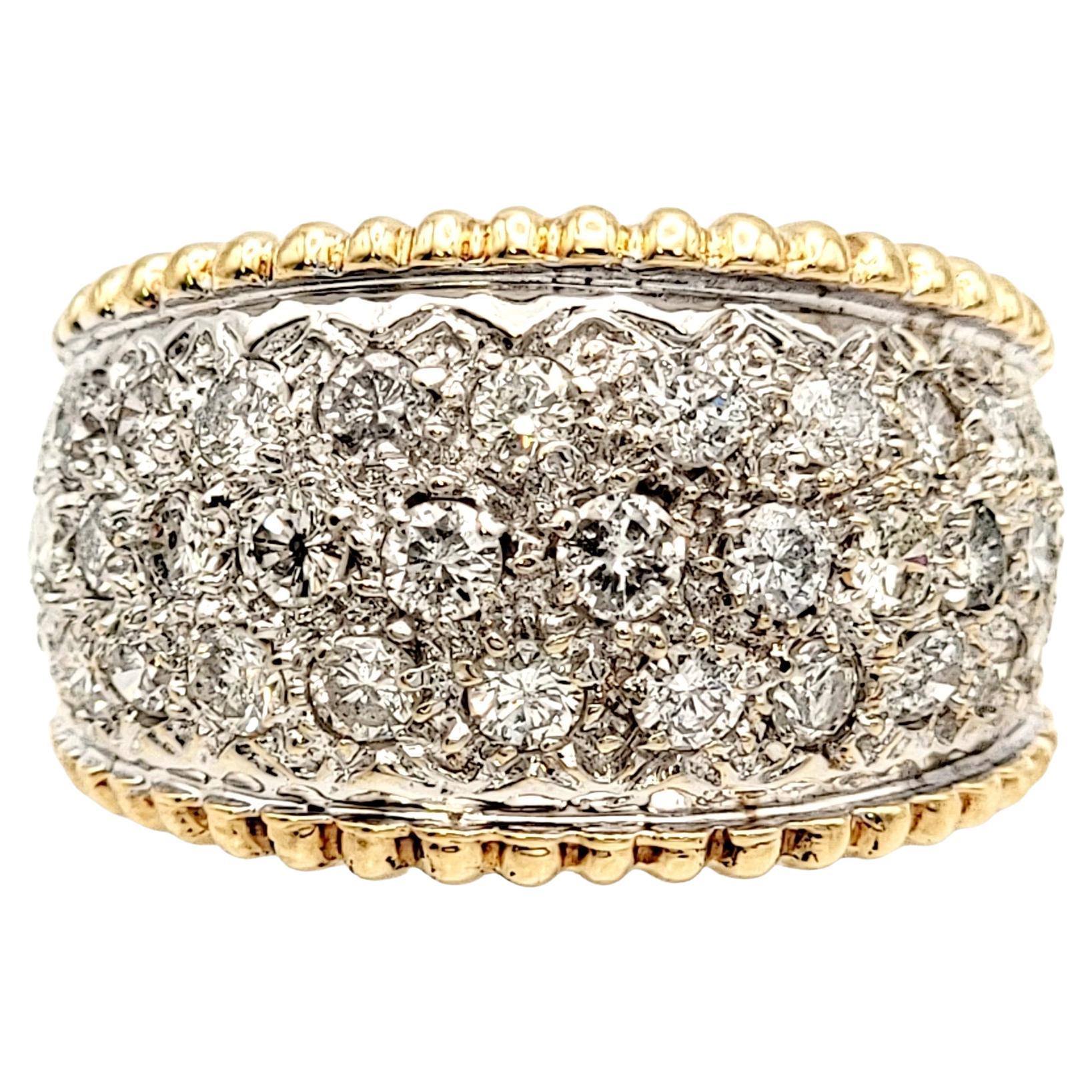 1.55 Carat Total Multi-Row Pave Diamond Wide Band Ring in Two Tone 14 Karat Gold For Sale
