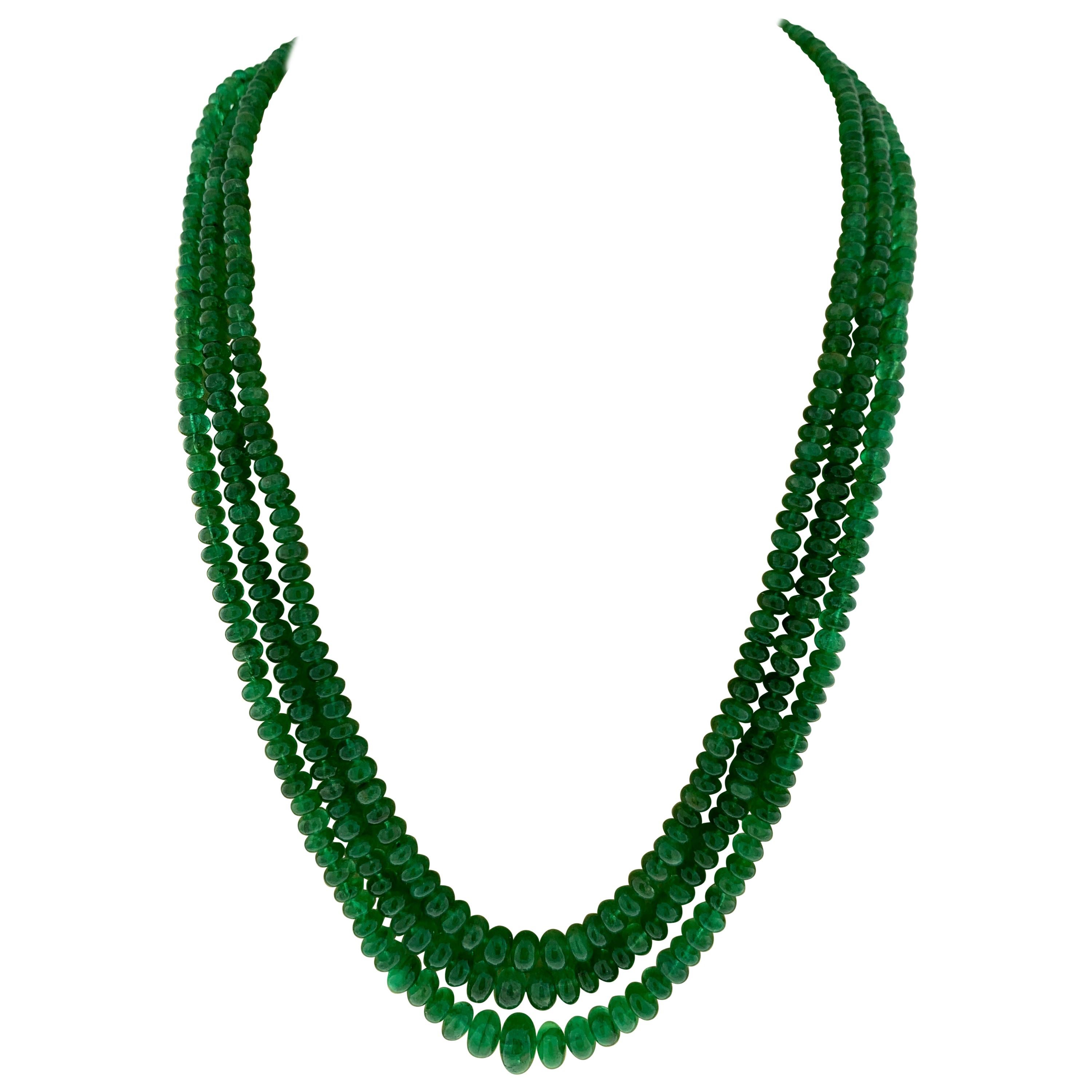 155 Carat 3 Layer Brazilian Emerald Bead Necklace Sterling Silver Clasp ...