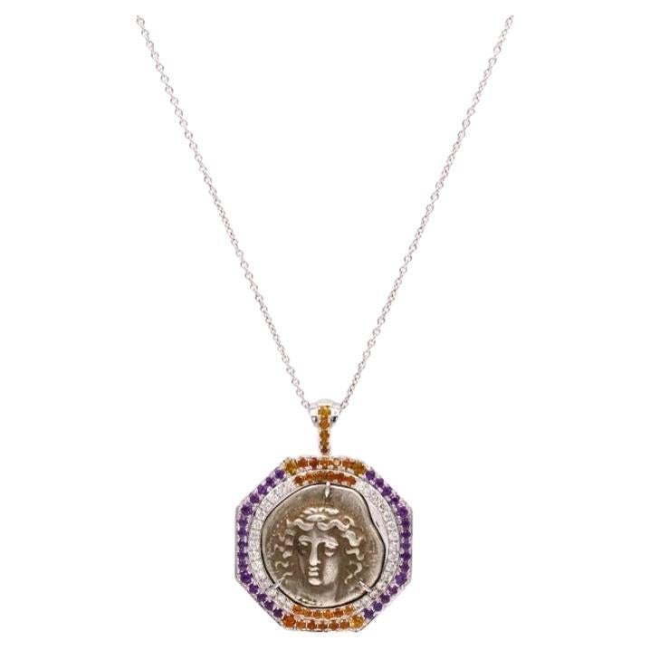1.55 Ct Amethyst Yellow Sapphire Diamond 18 K White Gold Larissa Coin Necklace For Sale