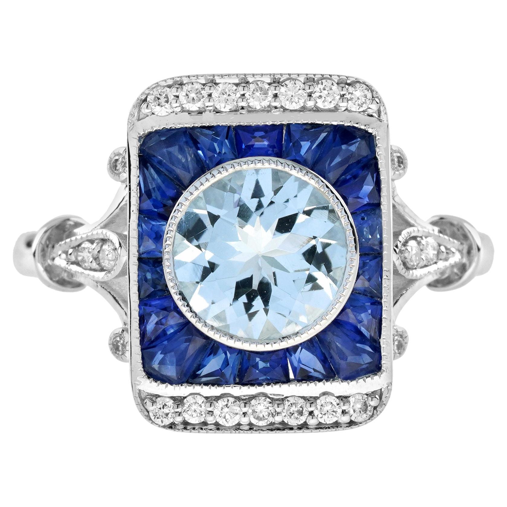 1.55 Ct. Bague de fiançailles aigue-marine saphir bleu saphir diamant en or blanc 18 carats en vente