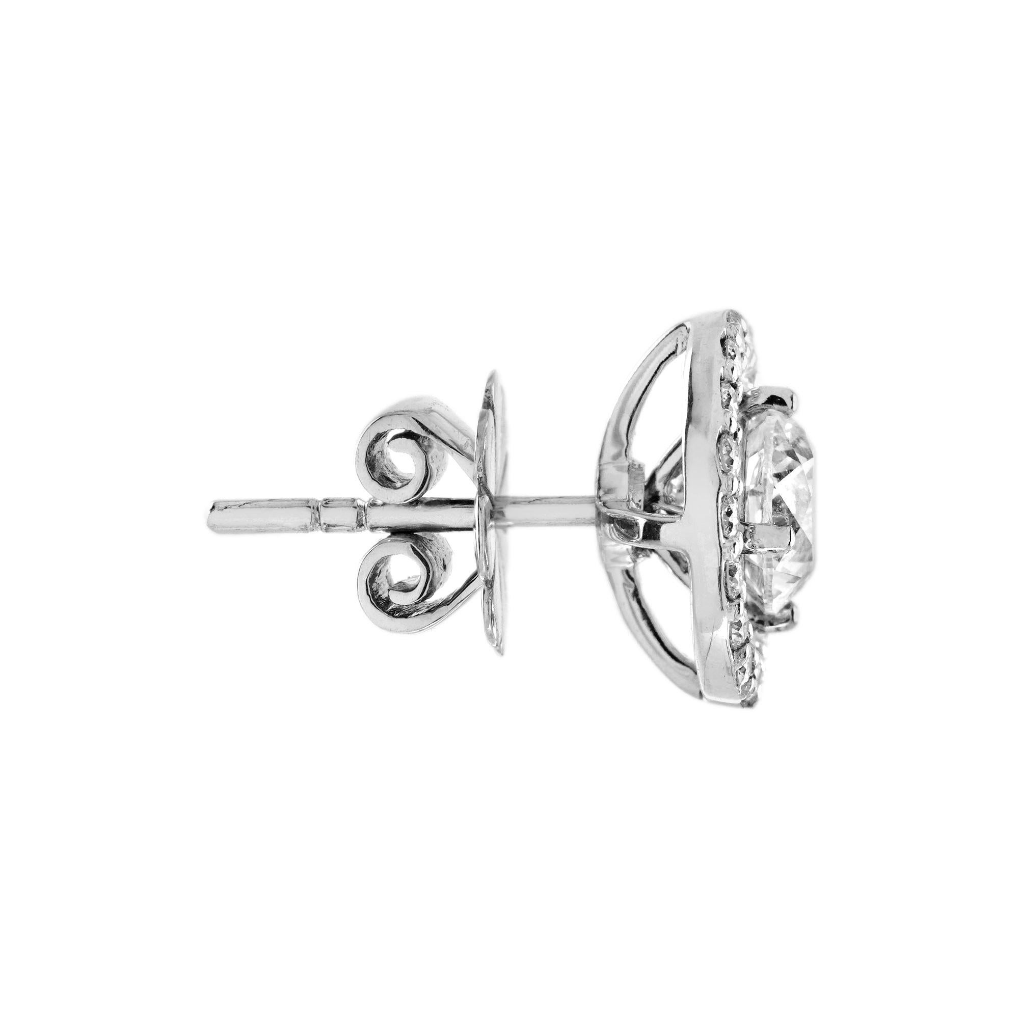 Round Cut 1.55 Ct. Diamond Halo Art Deco Style Stud Earrings in 18K White Gold For Sale