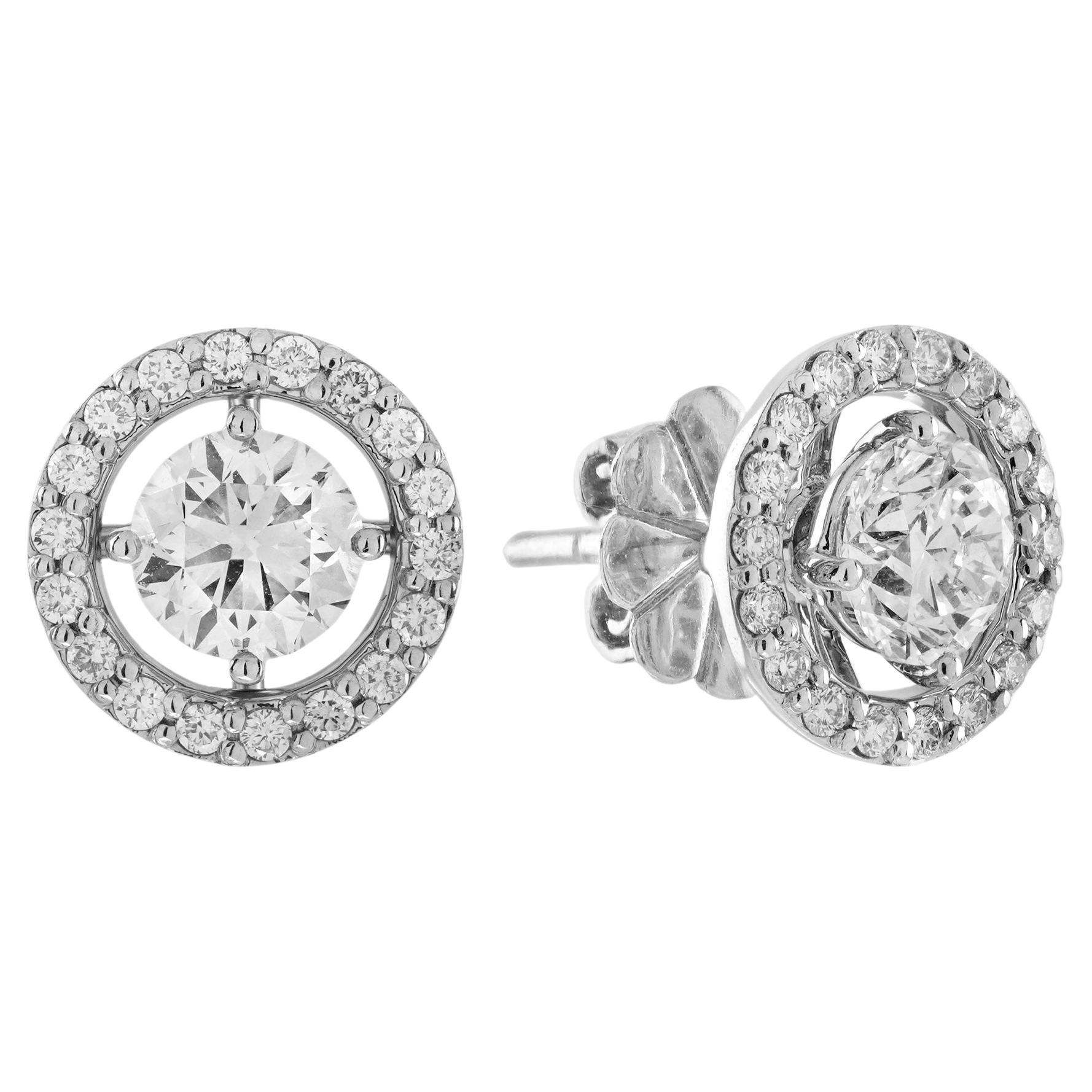 1.55 Ct. Diamond Halo Art Deco Style Stud Earrings in 18K White Gold For Sale