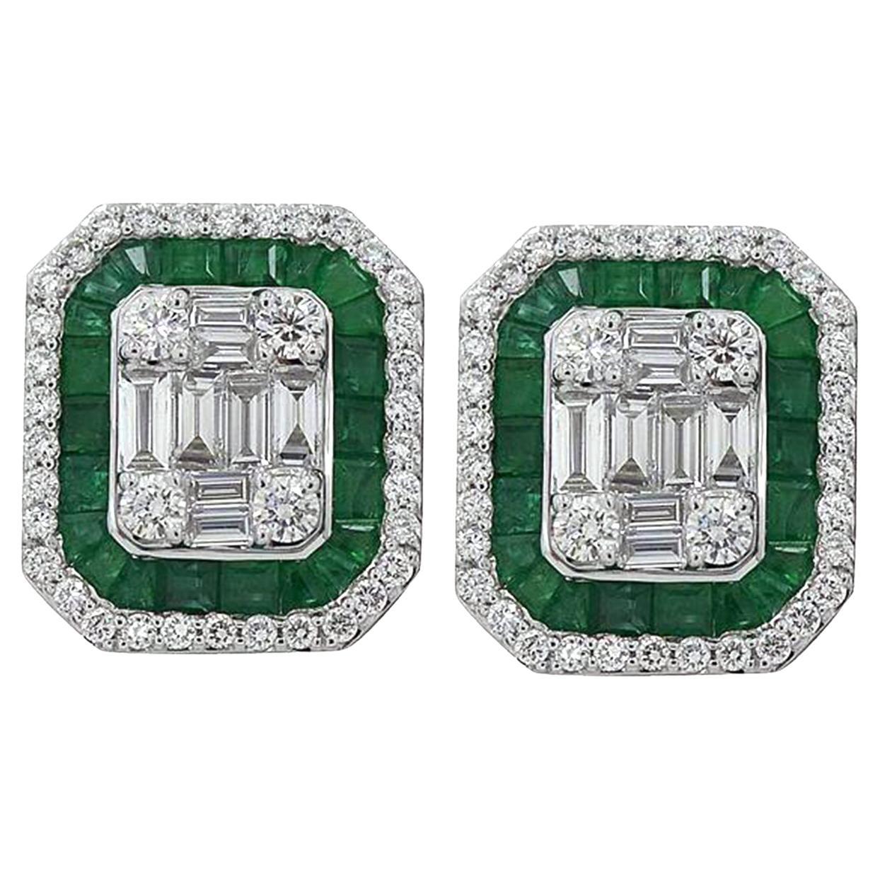 1.55 Ct Emerald & Diamonds Stud Earrings Made In 18k White Gold