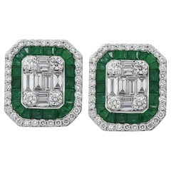 1.55 Ct Emerald & Diamonds Stud Earrings Made In 18k White Gold
