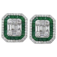 1.55 Ct Emeraude & Diamants Boucles d'oreilles en or blanc 18k