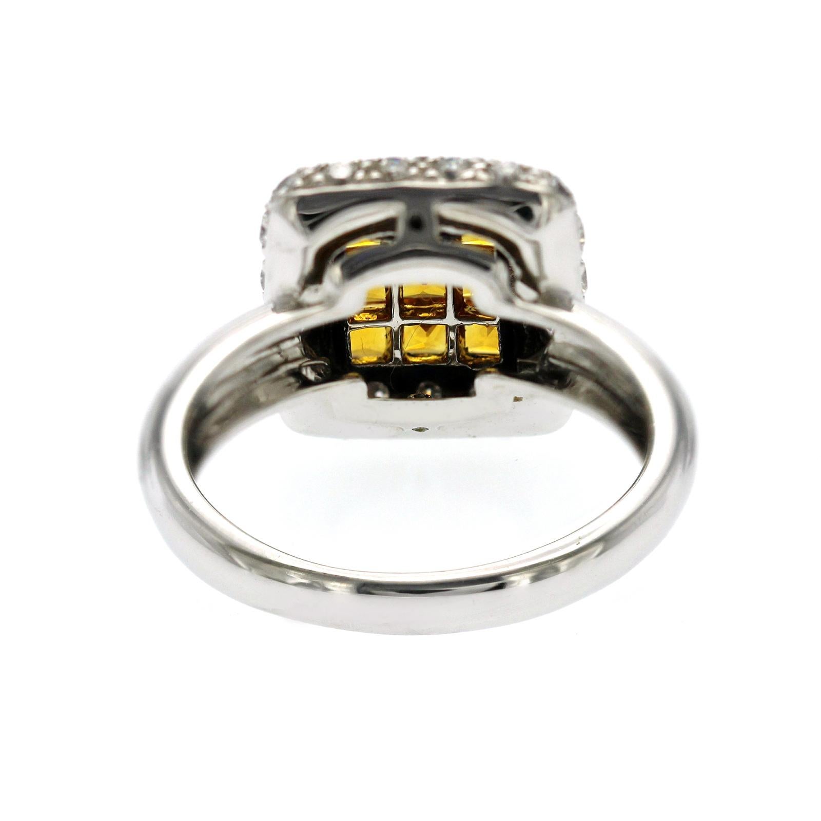 1.55 CT Yellow Sapphire invisible Set & 1 CT Diamonds 18K White Gold Ring In Excellent Condition For Sale In Los Angeles, CA