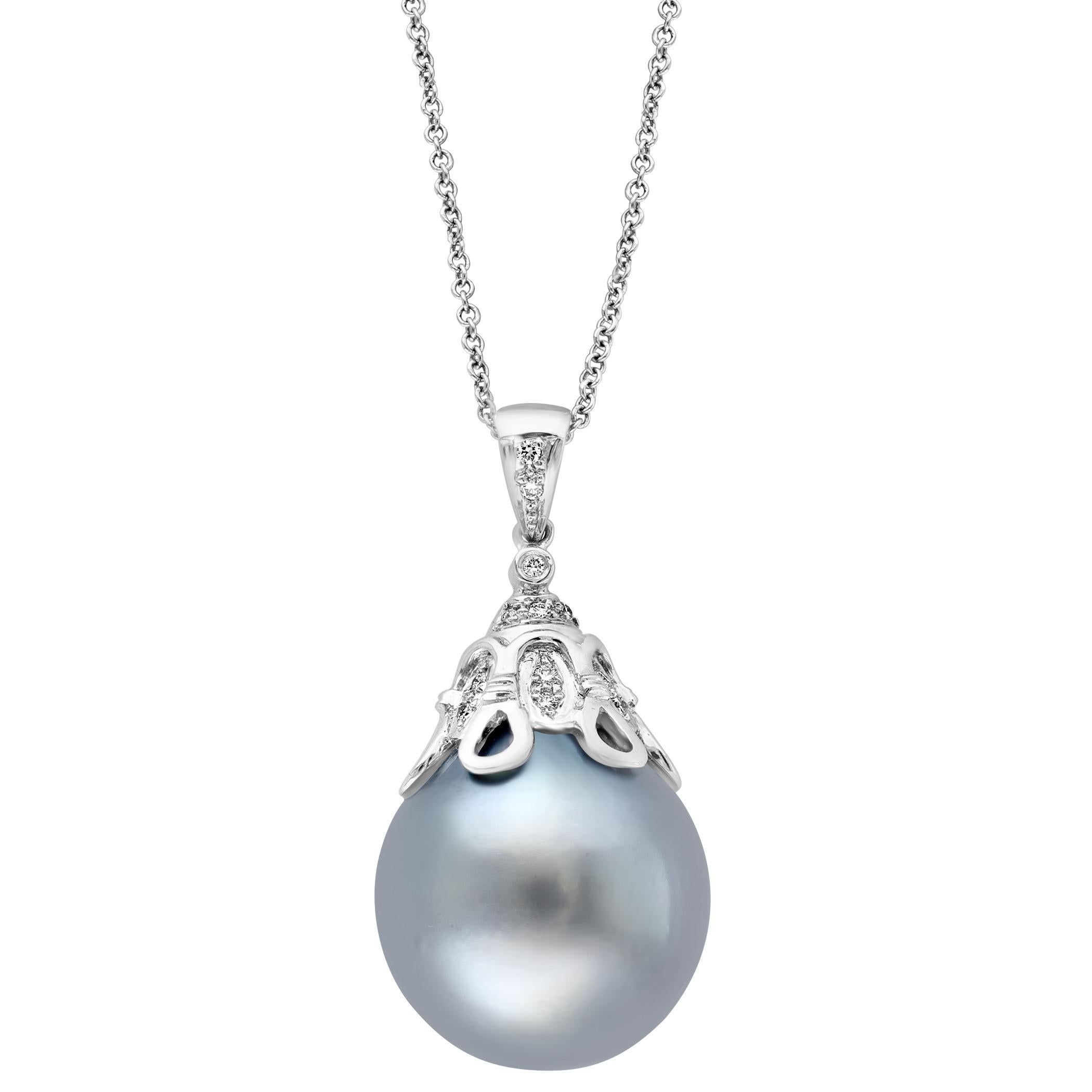 15.5 mm Black Round Tahitian Pearl & Diamond 18 Kt Gold  Pendant + Chain 14 KG For Sale 9