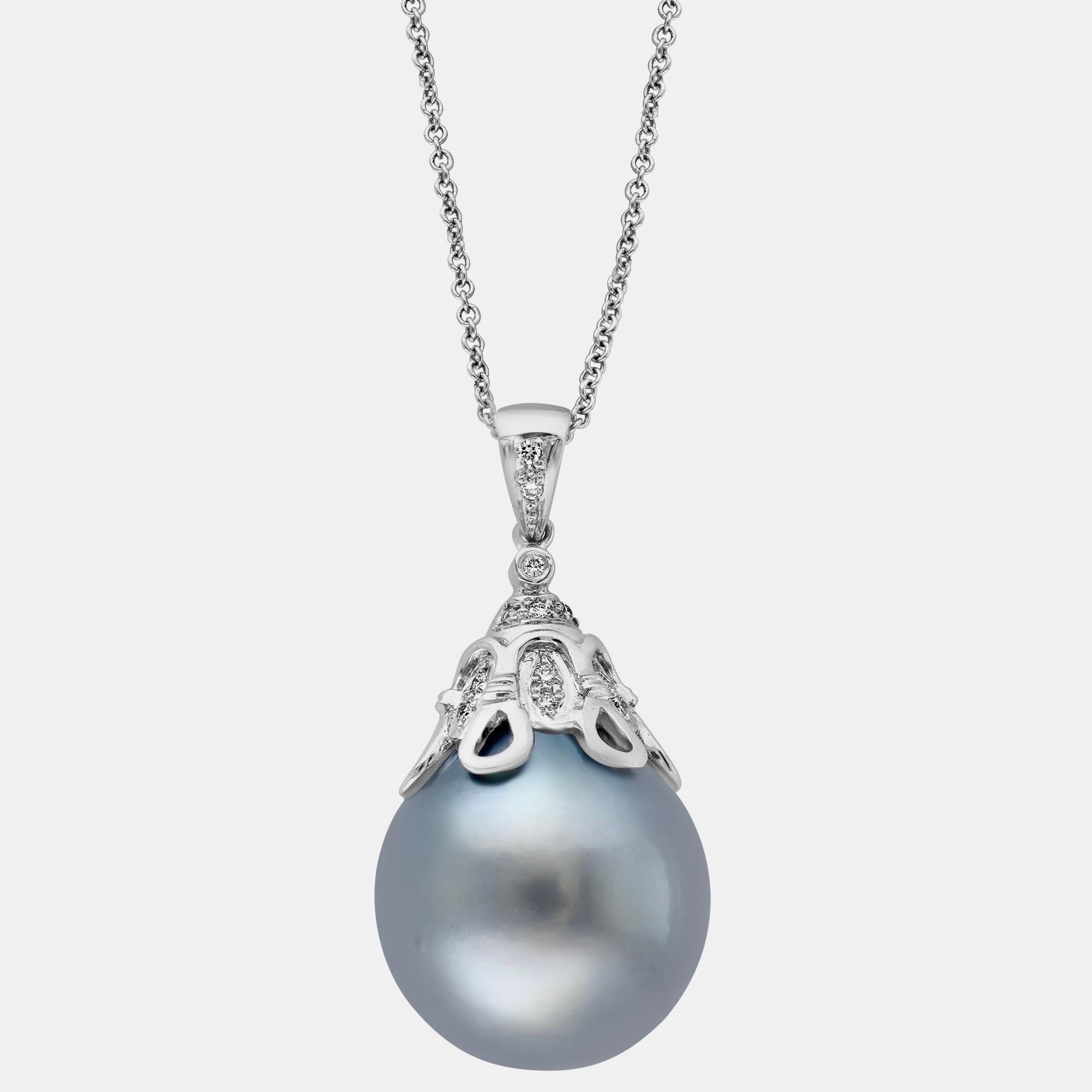 15.5 mm Black Round Tahitian Pearl & Diamond 18 Kt Gold  Pendant + Chain 14 KG For Sale