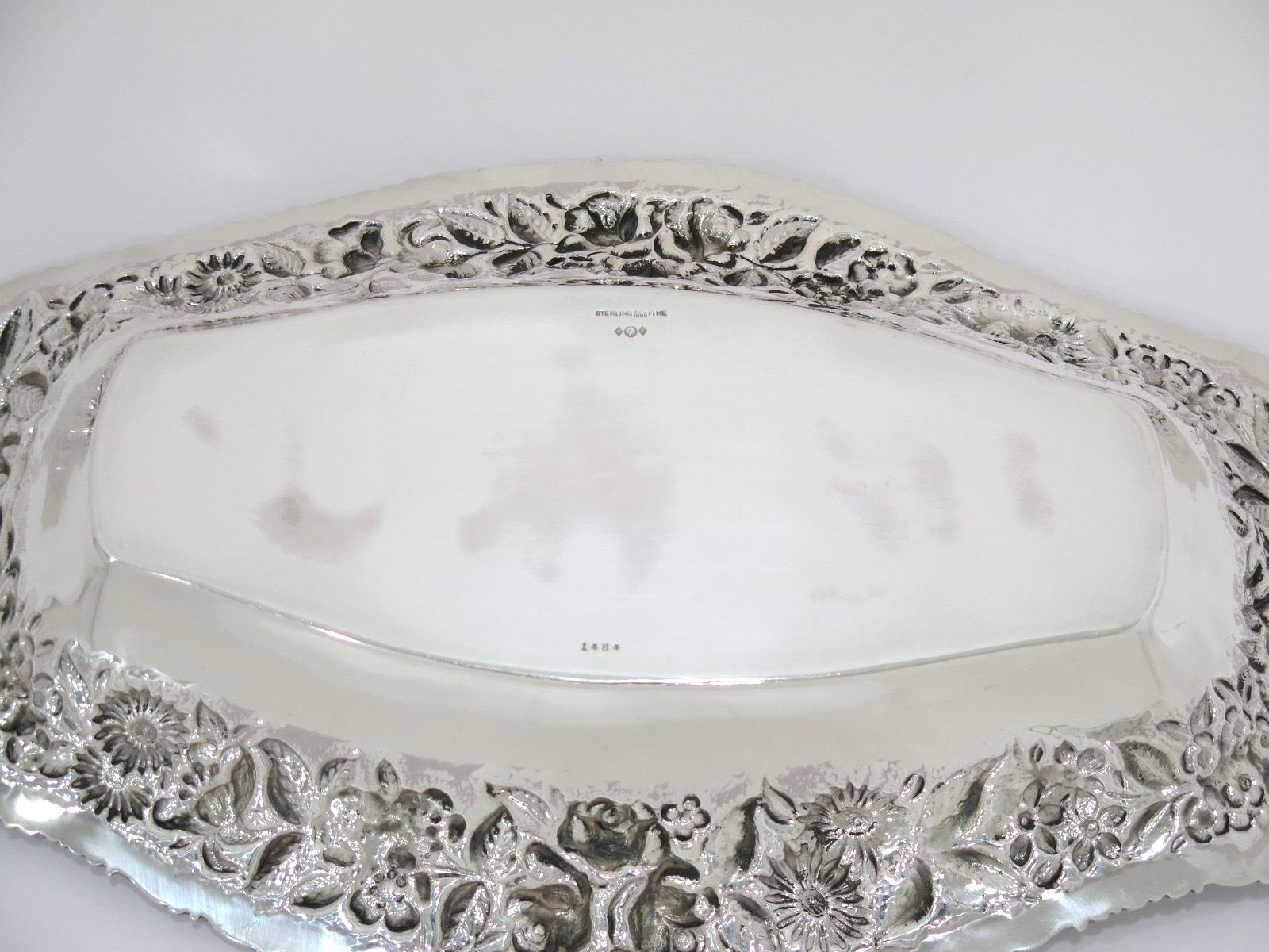 Sterling Silver Baltimore Silversmiths Antique Floral Repousse Large Dish In Good Condition For Sale In Brooklyn, NY