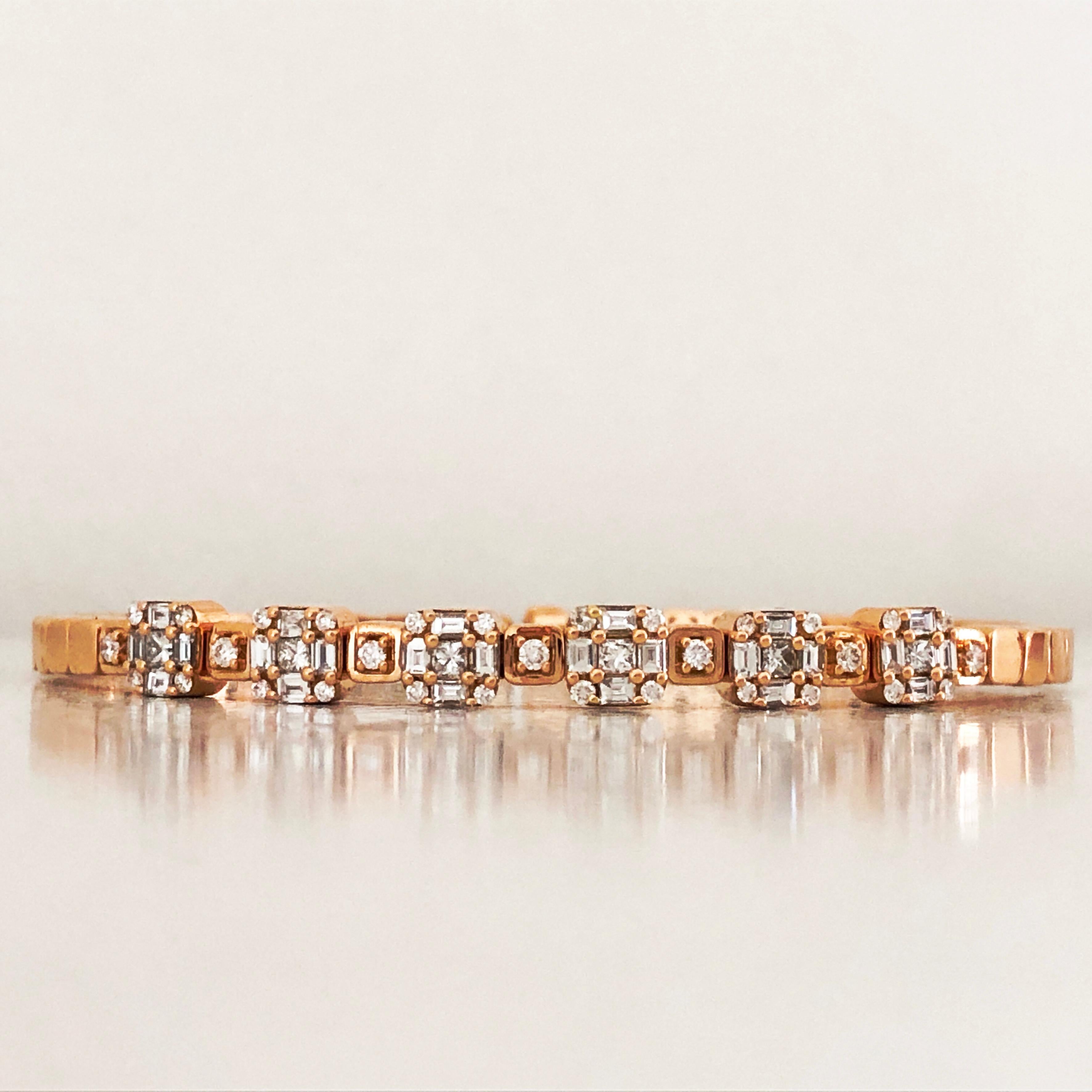 Baguette Cut Berca 1.55 White Diamond 18 Karat Rose Gold Setting Contemporary Bangle Bracelet