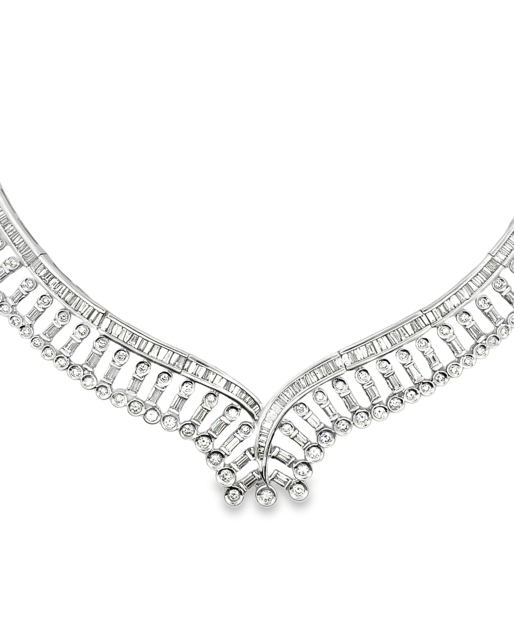 Mixed Cut 15.50 Carat Diamond Geometric Structured V-Shape Collar Necklace 18K White Gold For Sale