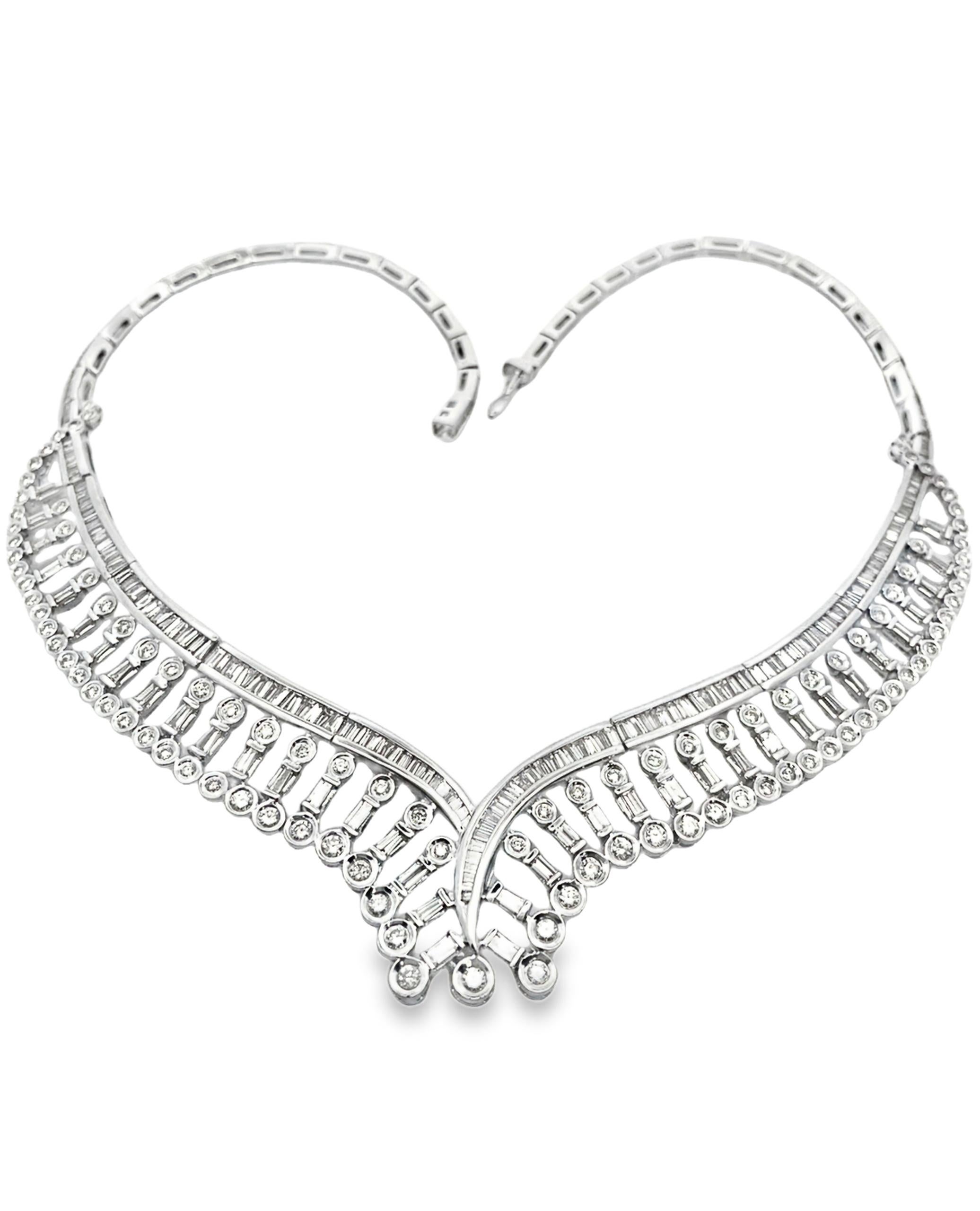 Women's 15.50 Carat Diamond Geometric Structured V-Shape Collar Necklace 18K White Gold For Sale