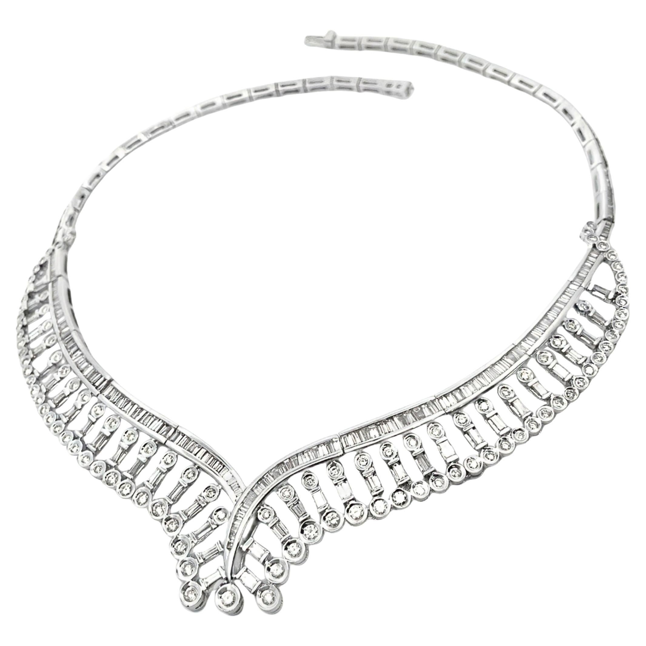 15.50 Carat Diamond Geometric Structured V-Shape Collar Necklace 18K White Gold