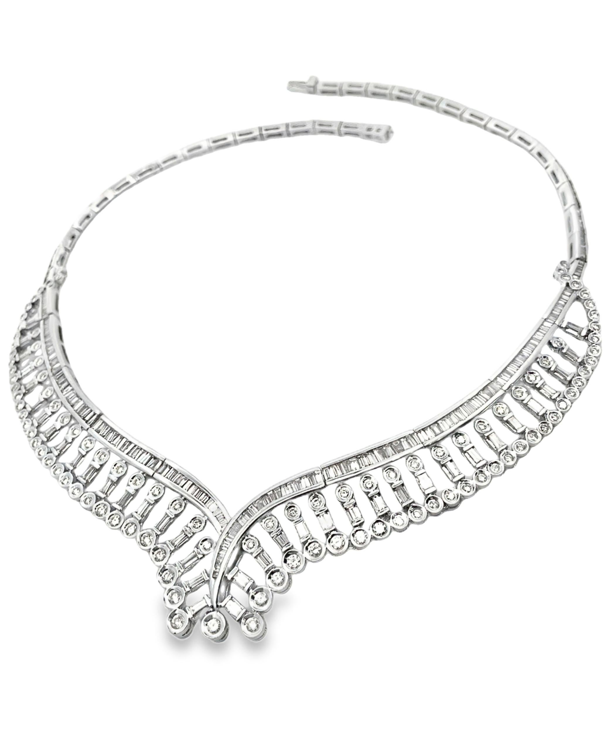 15.50 Carat Diamond Geometric Structured V-Shape Collar Necklace 18K White Gold For Sale