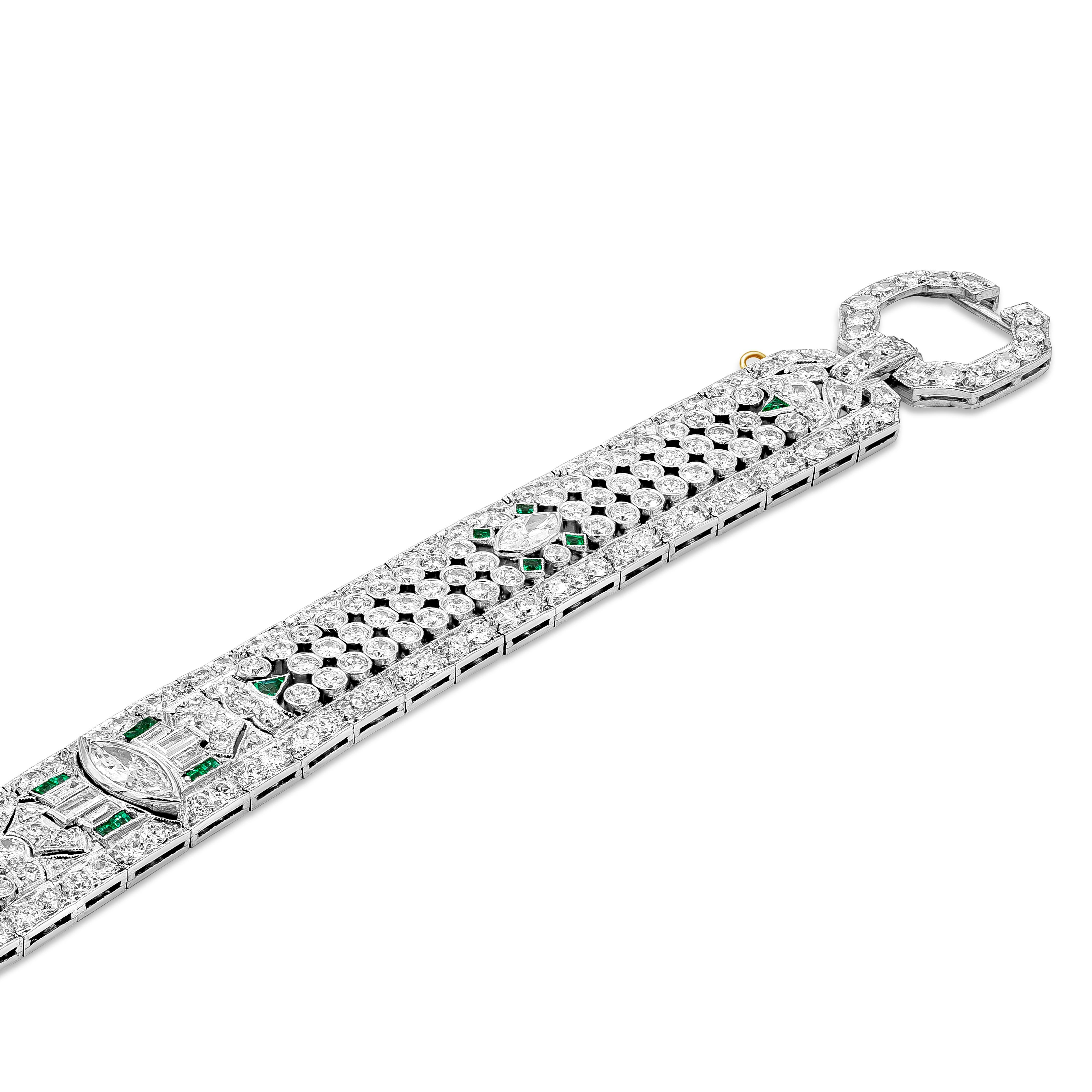 This striking bracelet features 15.50 carats of different cut diamonds in an elegant and intricate design. A full cut marquise diamond set at the center of the bracelet. Green Emeralds accent the bracelet as well. Made in platinum. A very well made