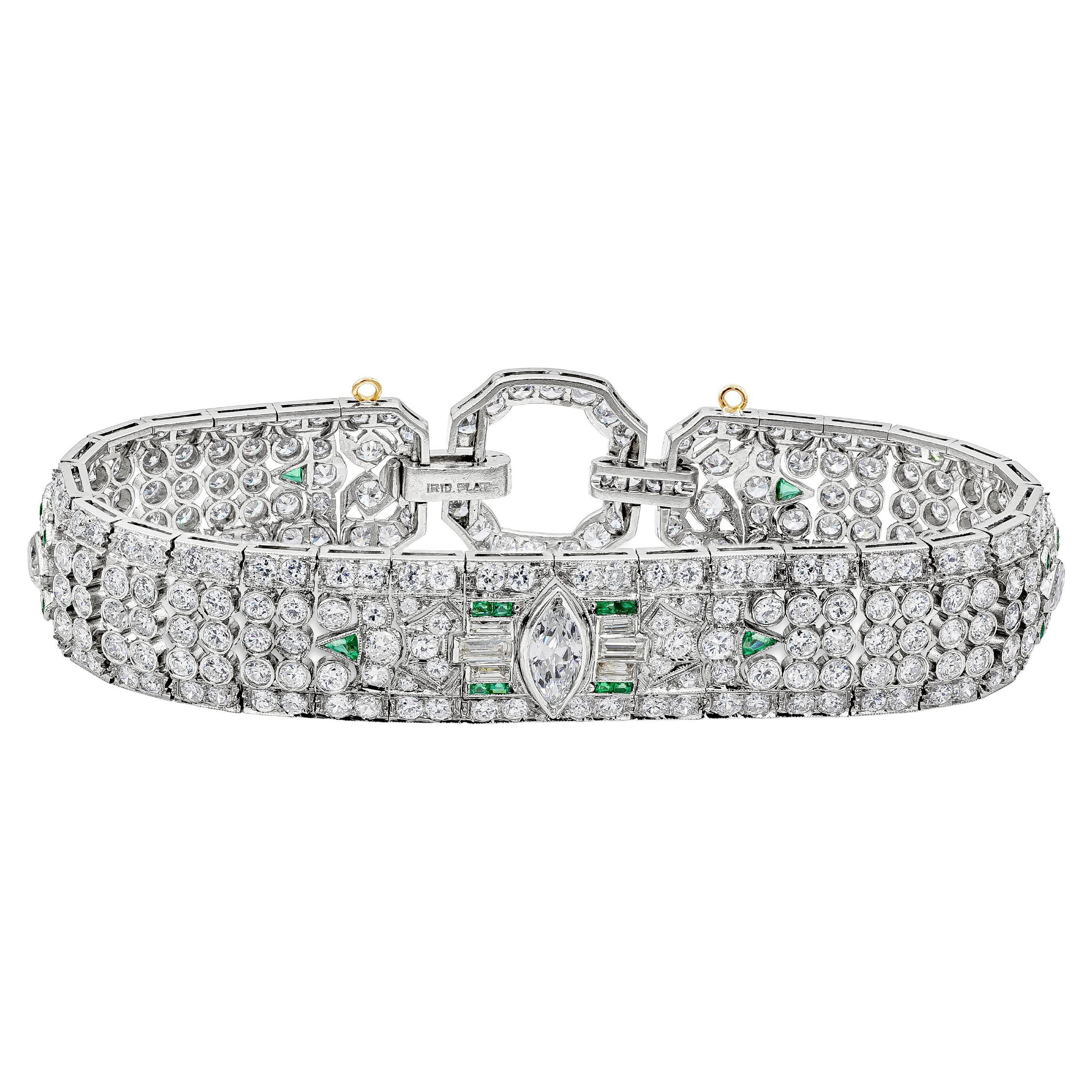15.50 Carat Total Mixed-Cut Diamond and Emerald Antique Fashion Bracelet For Sale
