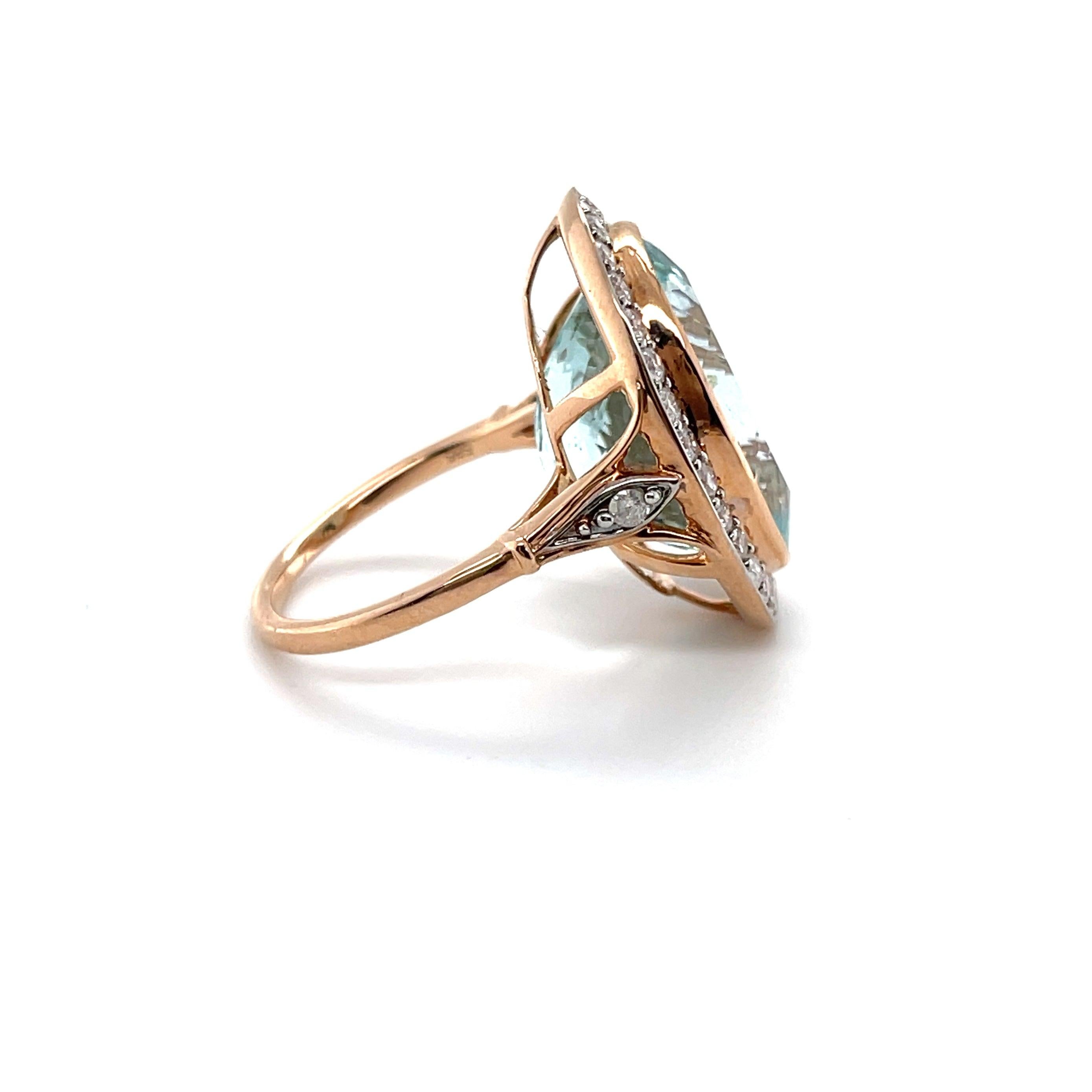 Oval cut Aquamarine, featuring round brilliant cut diamonds, crafted with fourteen karat Rose Gold. 

Aquamarine Weight: 15.50ct 

Aquamarine Colour: 