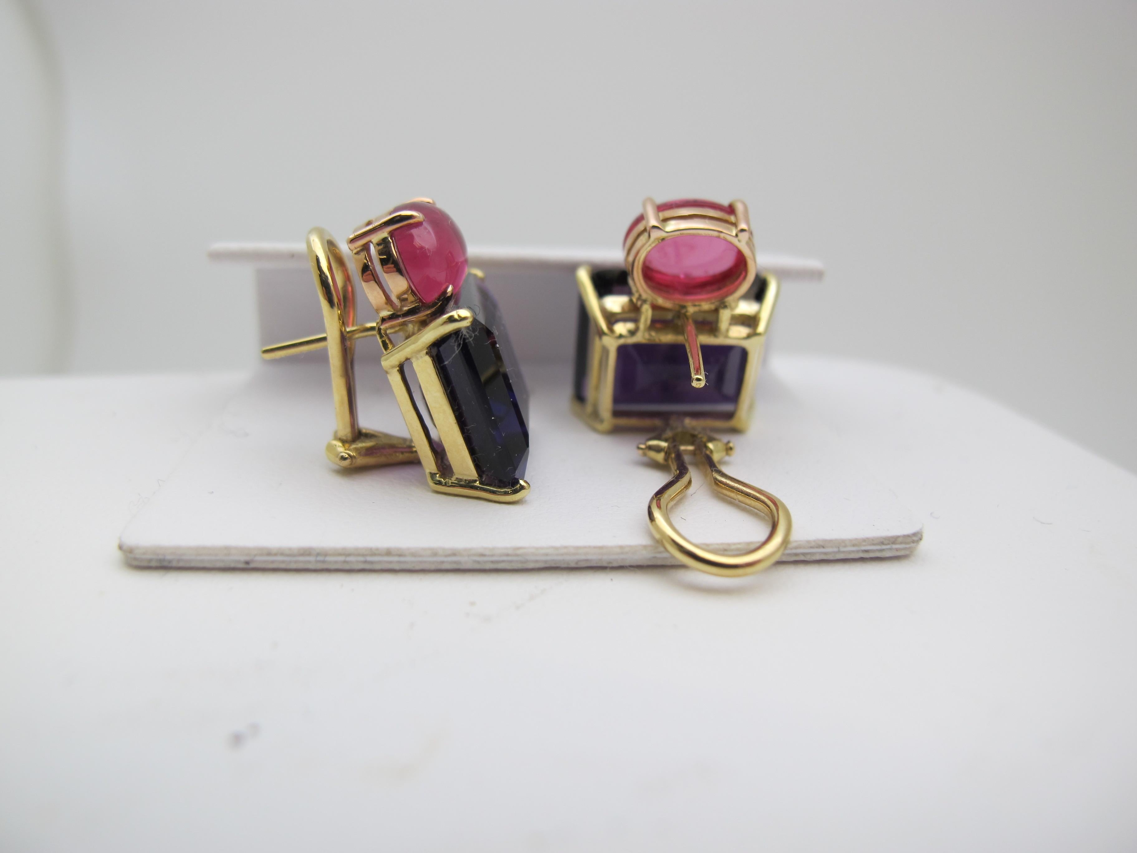 15.51 ct. t.w. Amethyst and Pink Spinel Cabochon 18k Gold French Clip Earrings 2