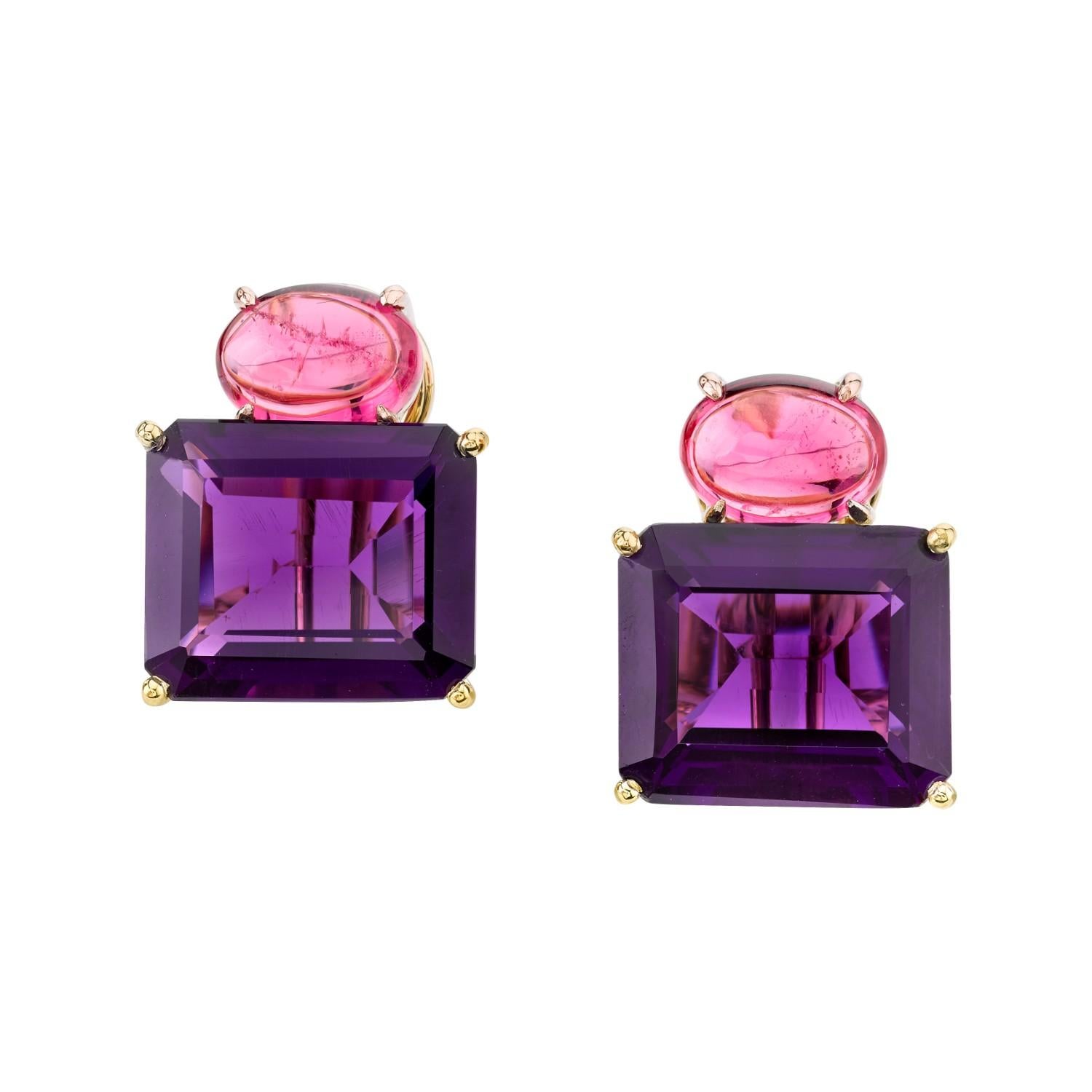 15.51 ct. t.w. Amethyst and Pink Spinel Cabochon 18k Gold French Clip Earrings