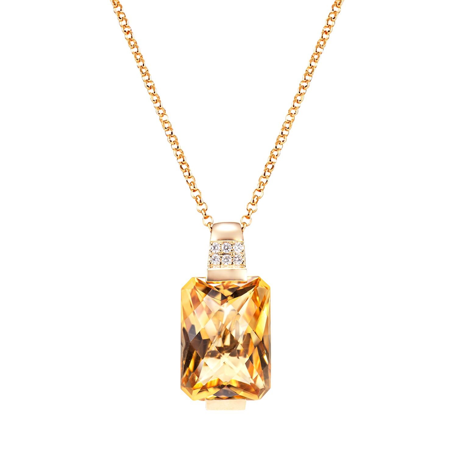 It is fancy Citrine Pendant in a Octagon shape with yellow hue. The Pendant is elegant and can be worn for many occasions. 

Citrine Pendant in 18 Karat Yellow Gold with White Diamond.

Citrine: 15.51 carat, 18X13mm size, Octagon shape.
White