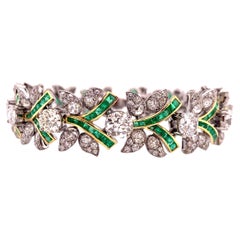 15.52 Carat Old Cute Diamond Bracelet with Emeralds in 18 Karat White Gold