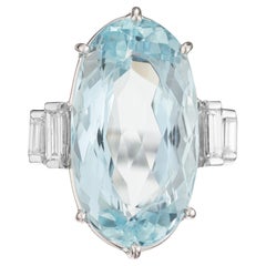 Vintage 15.52 Carat Oval Aquamarine Diamond White Gold Cocktail Ring