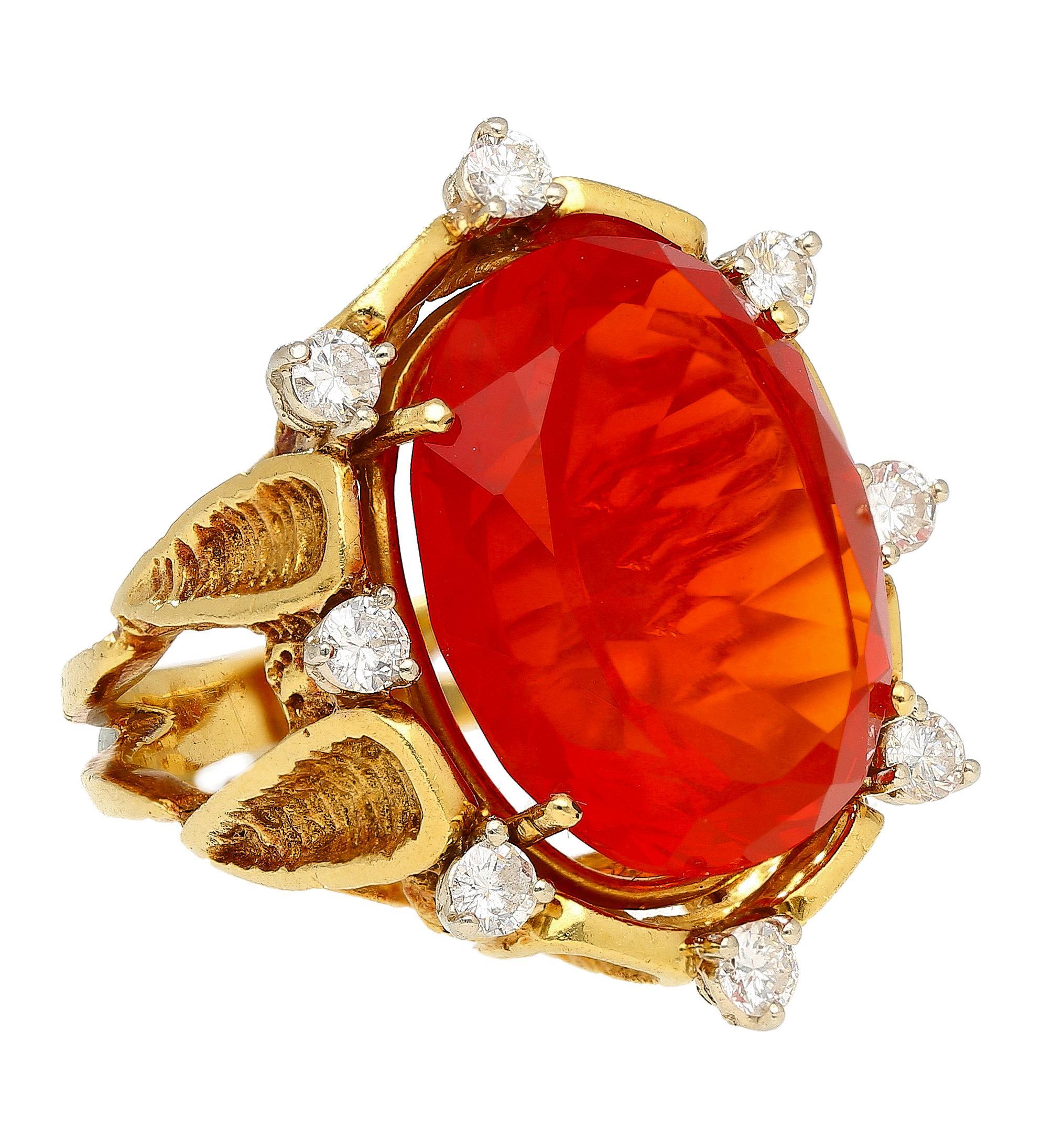 Retro 15.53 Carat Vintage Mexican Opal Diamond 18K Gold Split Shank Ring For Sale