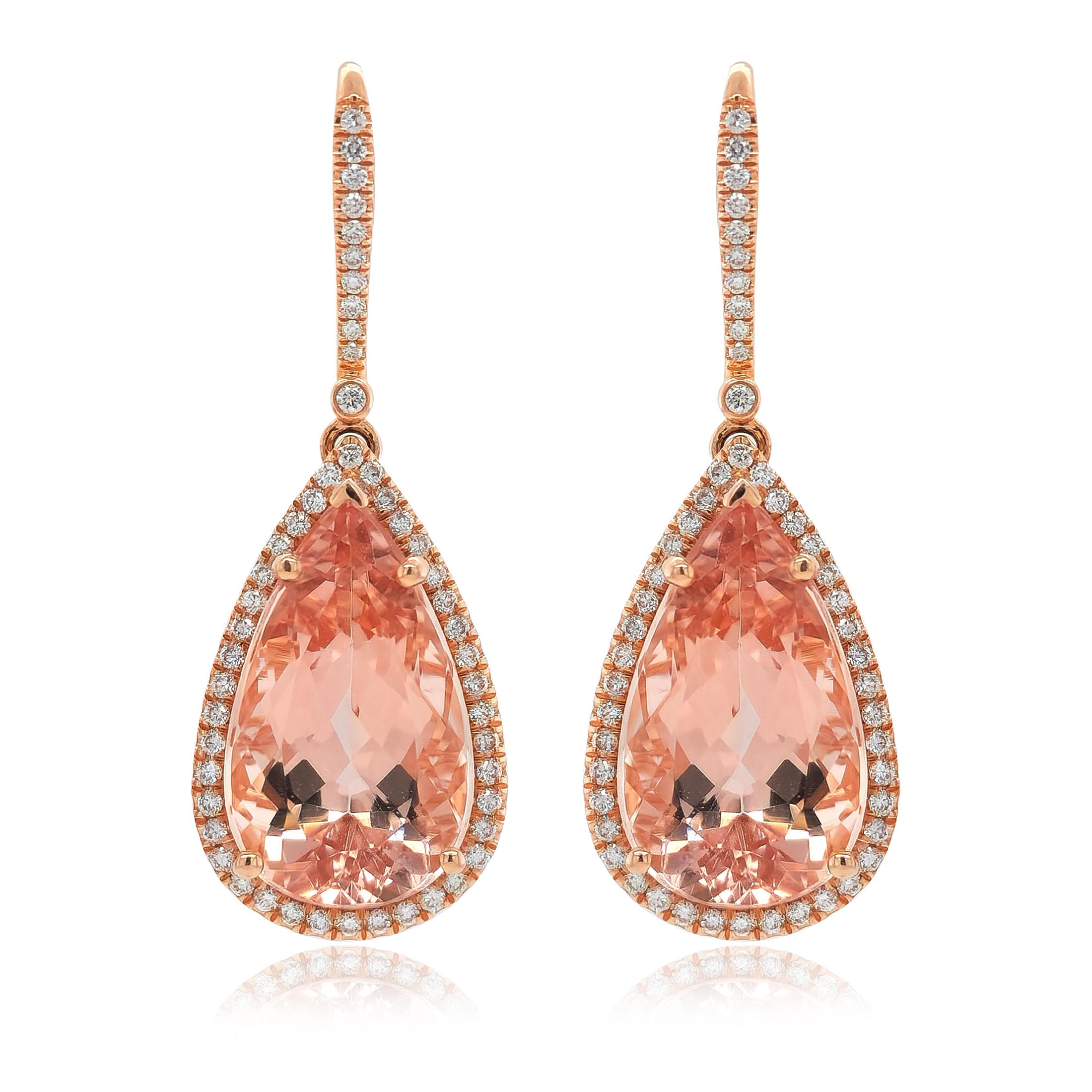 Adorned with lovely gemstones in rose gold, these earrings feature 15.54 carats of mystical Morganites that infuse a touch of fresh elegance. Set in durable 14K gold, the everlasting salmon-colored beryl exudes a unique allure. Despite being a