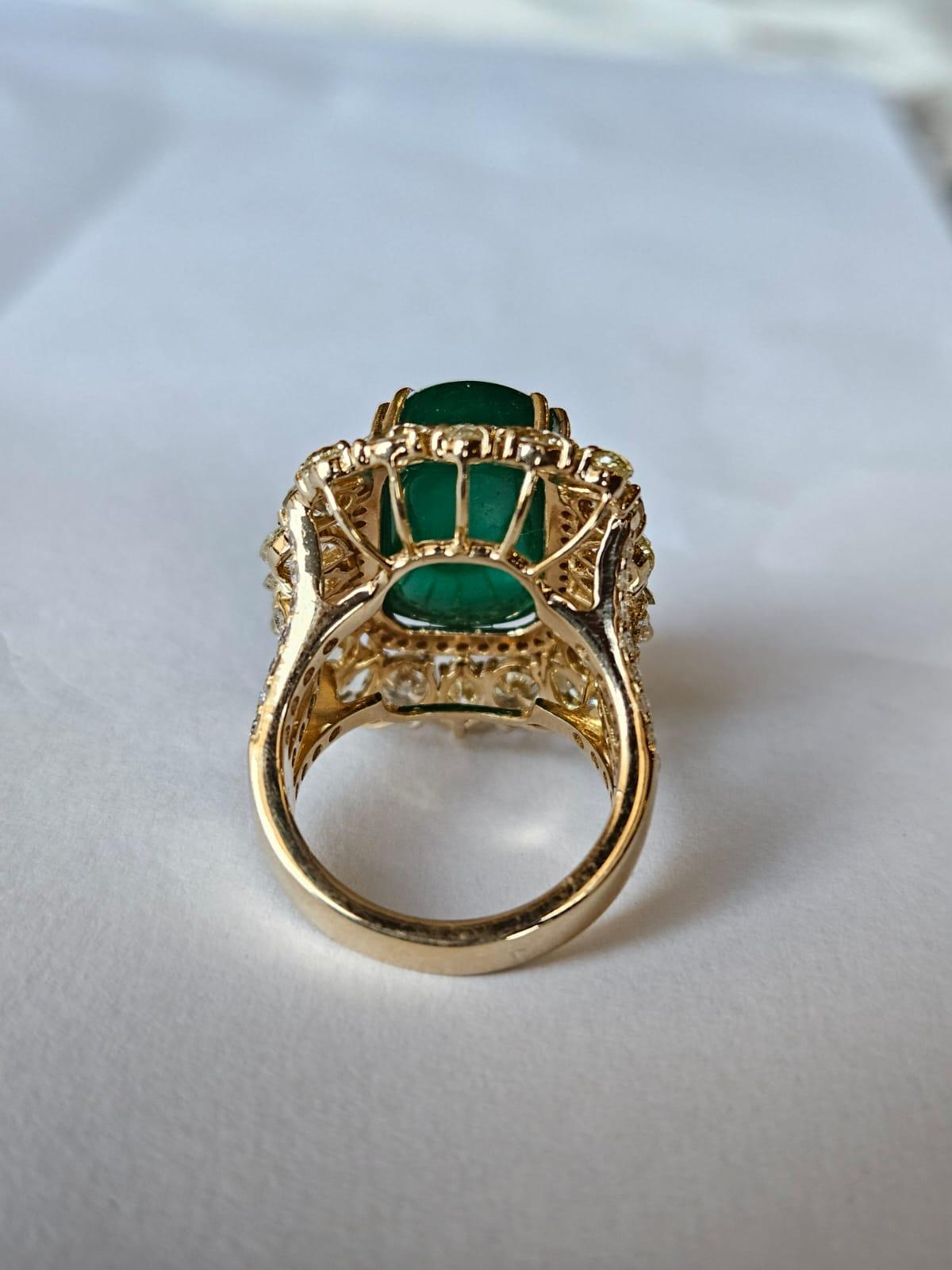 Women's or Men's 15.56 carats, natural Zambian Emerald Cabochon & Yellow Diamonds Cocktail Ring For Sale