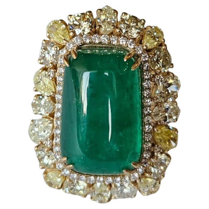 15.56 carats, natural Zambian Emerald Cabochon & Yellow Diamonds Cocktail Ring